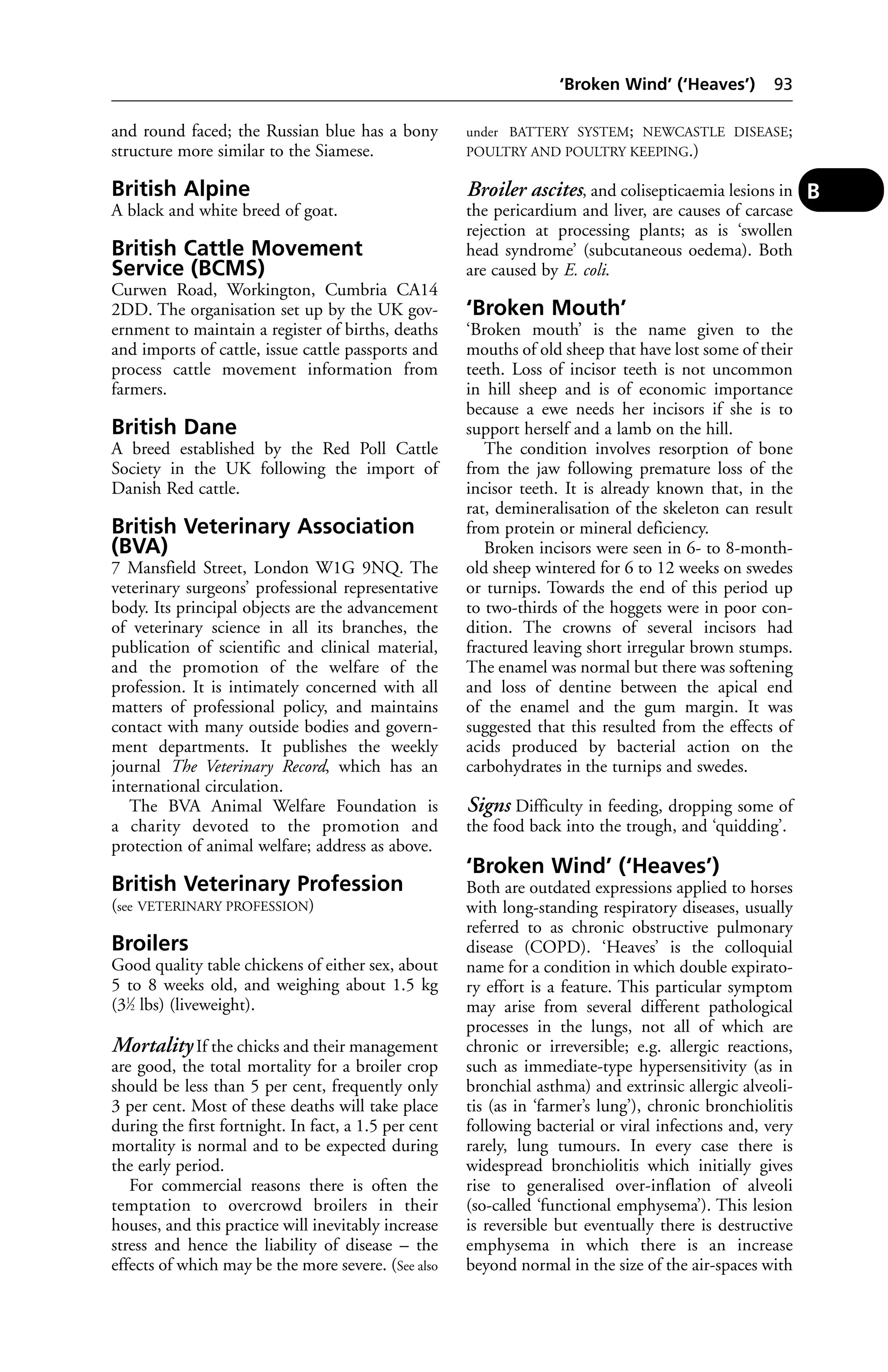 and round faced; the Russian blue has a bony 
structure more similar to the Siamese. 
British Alpine 
A black and white breed of goat. 
British Cattle Movement 
Service (BCMS) 
Curwen Road, Workington, Cumbria CA14 
2DD. The organisation set up by the UK gov-ernment 
to maintain a register of births, deaths 
and imports of cattle, issue cattle passports and 
process cattle movement information from 
farmers. 
British Dane 
A breed established by the Red Poll Cattle 
Society in the UK following the import of 
Danish Red cattle. 
British Veterinary Association 
(BVA) 
7 Mansfield Street, London W1G 9NQ. The 
veterinary surgeons’ professional representative 
body. Its principal objects are the advancement 
of veterinary science in all its branches, the 
publication of scientific and clinical material, 
and the promotion of the welfare of the 
profession. It is intimately concerned with all 
matters of professional policy, and maintains 
contact with many outside bodies and govern-ment 
departments. It publishes the weekly 
journal The Veterinary Record, which has an 
international circulation. 
The BVA Animal Welfare Foundation is 
a charity devoted to the promotion and 
protection of animal welfare; address as above. 
British Veterinary Profession 
(see VETERINARY PROFESSION) 
Broilers 
Good quality table chickens of either sex, about 
5 to 8 weeks old, and weighing about 1.5 kg 
(31⁄2 lbs) (liveweight). 
Mortality If the chicks and their management 
are good, the total mortality for a broiler crop 
should be less than 5 per cent, frequently only 
3 per cent. Most of these deaths will take place 
during the first fortnight. In fact, a 1.5 per cent 
mortality is normal and to be expected during 
the early period. 
For commercial reasons there is often the 
temptation to overcrowd broilers in their 
houses, and this practice will inevitably increase 
stress and hence the liability of disease – the 
effects of which may be the more severe. (See also 
‘Broken Wind’ (‘Heaves’) 93 
under BATTERY SYSTEM; NEWCASTLE DISEASE; 
POULTRY AND POULTRY KEEPING.) 
Broiler ascites, and colisepticaemia lesions in 
the pericardium and liver, are causes of carcase 
rejection at processing plants; as is ‘swollen 
head syndrome’ (subcutaneous oedema). Both 
are caused by E. coli. 
‘Broken Mouth’ 
‘Broken mouth’ is the name given to the 
mouths of old sheep that have lost some of their 
teeth. Loss of incisor teeth is not uncommon 
in hill sheep and is of economic importance 
because a ewe needs her incisors if she is to 
support herself and a lamb on the hill. 
The condition involves resorption of bone 
from the jaw following premature loss of the 
incisor teeth. It is already known that, in the 
rat, demineralisation of the skeleton can result 
from protein or mineral deficiency. 
Broken incisors were seen in 6- to 8-month-old 
sheep wintered for 6 to 12 weeks on swedes 
or turnips. Towards the end of this period up 
to two-thirds of the hoggets were in poor con-dition. 
The crowns of several incisors had 
fractured leaving short irregular brown stumps. 
The enamel was normal but there was softening 
and loss of dentine between the apical end 
of the enamel and the gum margin. It was 
suggested that this resulted from the effects of 
acids produced by bacterial action on the 
carbohydrates in the turnips and swedes. 
Signs Difficulty in feeding, dropping some of 
the food back into the trough, and ‘quidding’. 
‘Broken Wind’ (‘Heaves’) 
Both are outdated expressions applied to horses 
with long-standing respiratory diseases, usually 
referred to as chronic obstructive pulmonary 
disease (COPD). ‘Heaves’ is the colloquial 
name for a condition in which double expirato-ry 
effort is a feature. This particular symptom 
may arise from several different pathological 
processes in the lungs, not all of which are 
chronic or irreversible; e.g. allergic reactions, 
such as immediate-type hypersensitivity (as in 
bronchial asthma) and extrinsic allergic alveoli-tis 
(as in ‘farmer’s lung’), chronic bronchiolitis 
following bacterial or viral infections and, very 
rarely, lung tumours. In every case there is 
widespread bronchiolitis which initially gives 
rise to generalised over-inflation of alveoli 
(so-called ‘functional emphysema’). This lesion 
is reversible but eventually there is destructive 
emphysema in which there is an increase 
beyond normal in the size of the air-spaces with 
B 
 