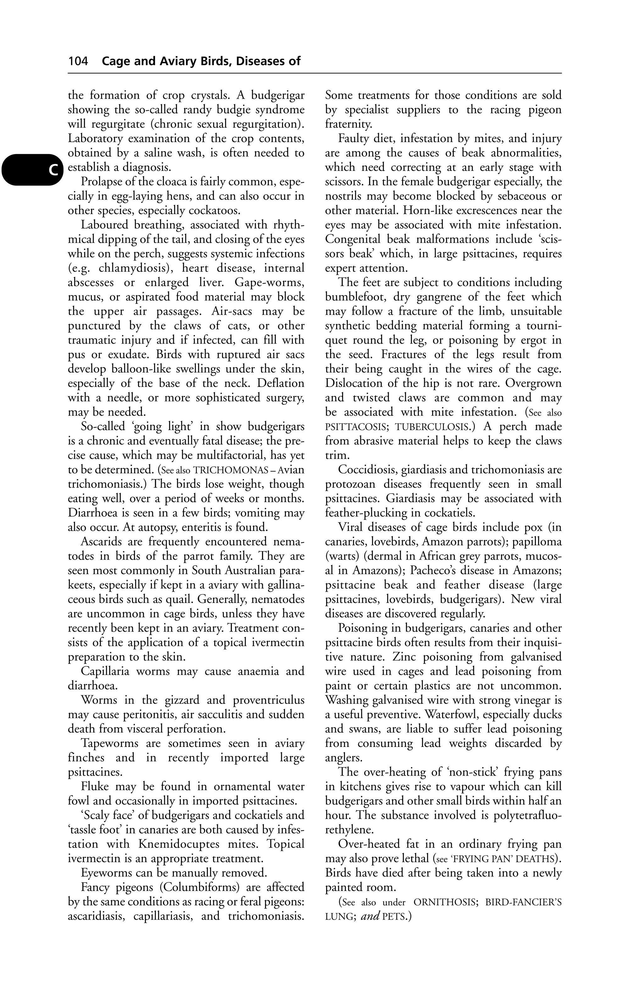 the formation of crop crystals. A budgerigar 
showing the so-called randy budgie syndrome 
will regurgitate (chronic sexual regurgitation). 
Laboratory examination of the crop contents, 
obtained by a saline wash, is often needed to 
establish a diagnosis. 
Prolapse of the cloaca is fairly common, espe-cially 
in egg-laying hens, and can also occur in 
other species, especially cockatoos. 
Laboured breathing, associated with rhyth-mical 
dipping of the tail, and closing of the eyes 
while on the perch, suggests systemic infections 
(e.g. chlamydiosis), heart disease, internal 
abscesses or enlarged liver. Gape-worms, 
mucus, or aspirated food material may block 
the upper air passages. Air-sacs may be 
punctured by the claws of cats, or other 
traumatic injury and if infected, can fill with 
pus or exudate. Birds with ruptured air sacs 
develop balloon-like swellings under the skin, 
especially of the base of the neck. Deflation 
with a needle, or more sophisticated surgery, 
may be needed. 
So-called ‘going light’ in show budgerigars 
is a chronic and eventually fatal disease; the pre-cise 
cause, which may be multifactorial, has yet 
to be determined. (See also TRICHOMONAS – Avian 
trichomoniasis.) The birds lose weight, though 
eating well, over a period of weeks or months. 
Diarrhoea is seen in a few birds; vomiting may 
also occur. At autopsy, enteritis is found. 
Ascarids are frequently encountered nema-todes 
in birds of the parrot family. They are 
seen most commonly in South Australian para-keets, 
especially if kept in a aviary with gallina-ceous 
birds such as quail. Generally, nematodes 
are uncommon in cage birds, unless they have 
recently been kept in an aviary. Treatment con-sists 
of the application of a topical ivermectin 
preparation to the skin. 
Capillaria worms may cause anaemia and 
diarrhoea. 
Worms in the gizzard and proventriculus 
may cause peritonitis, air sacculitis and sudden 
death from visceral perforation. 
Tapeworms are sometimes seen in aviary 
finches and in recently imported large 
psittacines. 
Fluke may be found in ornamental water 
fowl and occasionally in imported psittacines. 
‘Scaly face’ of budgerigars and cockatiels and 
‘tassle foot’ in canaries are both caused by infes-tation 
with Knemidocuptes mites. Topical 
ivermectin is an appropriate treatment. 
Eyeworms can be manually removed. 
Fancy pigeons (Columbiforms) are affected 
by the same conditions as racing or feral pigeons: 
ascaridiasis, capillariasis, and trichomoniasis. 
Some treatments for those conditions are sold 
by specialist suppliers to the racing pigeon 
fraternity. 
Faulty diet, infestation by mites, and injury 
are among the causes of beak abnormalities, 
which need correcting at an early stage with 
scissors. In the female budgerigar especially, the 
nostrils may become blocked by sebaceous or 
other material. Horn-like excrescences near the 
eyes may be associated with mite infestation. 
Congenital beak malformations include ‘scis-sors 
beak’ which, in large psittacines, requires 
expert attention. 
The feet are subject to conditions including 
bumblefoot, dry gangrene of the feet which 
may follow a fracture of the limb, unsuitable 
synthetic bedding material forming a tourni-quet 
round the leg, or poisoning by ergot in 
the seed. Fractures of the legs result from 
their being caught in the wires of the cage. 
Dislocation of the hip is not rare. Overgrown 
and twisted claws are common and may 
be associated with mite infestation. (See also 
PSITTACOSIS; TUBERCULOSIS.) A perch made 
from abrasive material helps to keep the claws 
trim. 
Coccidiosis, giardiasis and trichomoniasis are 
protozoan diseases frequently seen in small 
psittacines. Giardiasis may be associated with 
feather-plucking in cockatiels. 
Viral diseases of cage birds include pox (in 
canaries, lovebirds, Amazon parrots); papilloma 
(warts) (dermal in African grey parrots, mucos-al 
in Amazons); Pacheco’s disease in Amazons; 
psittacine beak and feather disease (large 
psittacines, lovebirds, budgerigars). New viral 
diseases are discovered regularly. 
Poisoning in budgerigars, canaries and other 
psittacine birds often results from their inquisi-tive 
nature. Zinc poisoning from galvanised 
wire used in cages and lead poisoning from 
paint or certain plastics are not uncommon. 
Washing galvanised wire with strong vinegar is 
a useful preventive. Waterfowl, especially ducks 
and swans, are liable to suffer lead poisoning 
from consuming lead weights discarded by 
anglers. 
The over-heating of ‘non-stick’ frying pans 
in kitchens gives rise to vapour which can kill 
budgerigars and other small birds within half an 
hour. The substance involved is polytetrafluo-rethylene. 
Over-heated fat in an ordinary frying pan 
may also prove lethal (see ‘FRYING PAN’ DEATHS). 
Birds have died after being taken into a newly 
painted room. 
(See also under ORNITHOSIS; BIRD-FANCIER’S 
LUNG; and PETS.) 
104 Cage and Aviary Birds, Diseases of 
C 
 