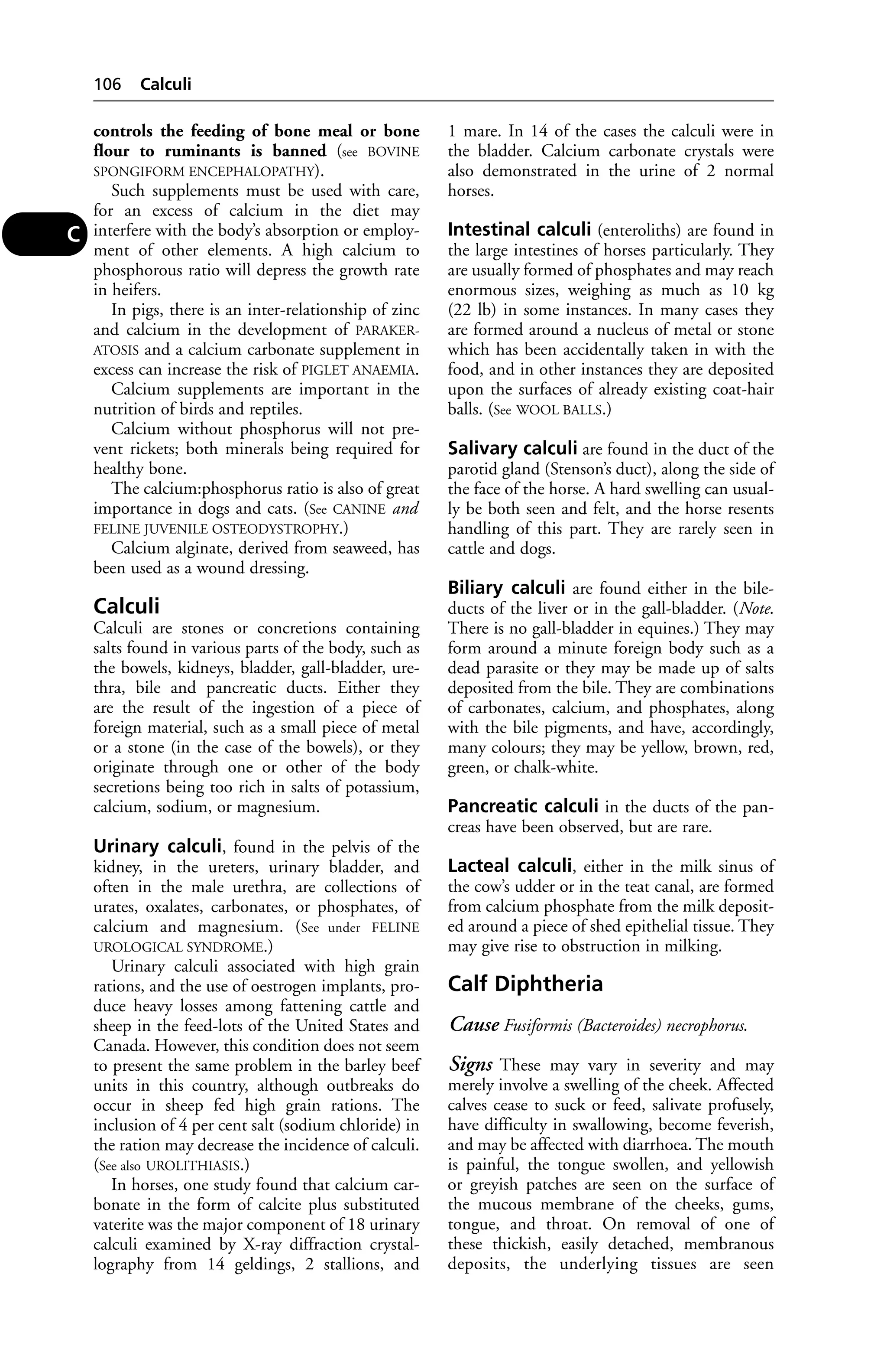 controls the feeding of bone meal or bone 
flour to ruminants is banned (see BOVINE 
SPONGIFORM ENCEPHALOPATHY). 
Such supplements must be used with care, 
for an excess of calcium in the diet may 
interfere with the body’s absorption or employ-ment 
of other elements. A high calcium to 
phosphorous ratio will depress the growth rate 
in heifers. 
In pigs, there is an inter-relationship of zinc 
and calcium in the development of PARAKER-ATOSIS 
and a calcium carbonate supplement in 
excess can increase the risk of PIGLET ANAEMIA. 
Calcium supplements are important in the 
nutrition of birds and reptiles. 
Calcium without phosphorus will not pre-vent 
rickets; both minerals being required for 
healthy bone. 
The calcium:phosphorus ratio is also of great 
importance in dogs and cats. (See CANINE and 
FELINE JUVENILE OSTEODYSTROPHY.) 
Calcium alginate, derived from seaweed, has 
been used as a wound dressing. 
Calculi 
Calculi are stones or concretions containing 
salts found in various parts of the body, such as 
the bowels, kidneys, bladder, gall-bladder, ure-thra, 
bile and pancreatic ducts. Either they 
are the result of the ingestion of a piece of 
foreign material, such as a small piece of metal 
or a stone (in the case of the bowels), or they 
originate through one or other of the body 
secretions being too rich in salts of potassium, 
calcium, sodium, or magnesium. 
Urinary calculi, found in the pelvis of the 
kidney, in the ureters, urinary bladder, and 
often in the male urethra, are collections of 
urates, oxalates, carbonates, or phosphates, of 
calcium and magnesium. (See under FELINE 
UROLOGICAL SYNDROME.) 
Urinary calculi associated with high grain 
rations, and the use of oestrogen implants, pro-duce 
heavy losses among fattening cattle and 
sheep in the feed-lots of the United States and 
Canada. However, this condition does not seem 
to present the same problem in the barley beef 
units in this country, although outbreaks do 
occur in sheep fed high grain rations. The 
inclusion of 4 per cent salt (sodium chloride) in 
the ration may decrease the incidence of calculi. 
(See also UROLITHIASIS.) 
In horses, one study found that calcium car-bonate 
in the form of calcite plus substituted 
vaterite was the major component of 18 urinary 
calculi examined by X-ray diffraction crystal-lography 
from 14 geldings, 2 stallions, and 
1 mare. In 14 of the cases the calculi were in 
the bladder. Calcium carbonate crystals were 
also demonstrated in the urine of 2 normal 
horses. 
Intestinal calculi (enteroliths) are found in 
the large intestines of horses particularly. They 
are usually formed of phosphates and may reach 
enormous sizes, weighing as much as 10 kg 
(22 lb) in some instances. In many cases they 
are formed around a nucleus of metal or stone 
which has been accidentally taken in with the 
food, and in other instances they are deposited 
upon the surfaces of already existing coat-hair 
balls. (See WOOL BALLS.) 
Salivary calculi are found in the duct of the 
parotid gland (Stenson’s duct), along the side of 
the face of the horse. A hard swelling can usual-ly 
be both seen and felt, and the horse resents 
handling of this part. They are rarely seen in 
cattle and dogs. 
Biliary calculi are found either in the bile-ducts 
of the liver or in the gall-bladder. (Note. 
There is no gall-bladder in equines.) They may 
form around a minute foreign body such as a 
dead parasite or they may be made up of salts 
deposited from the bile. They are combinations 
of carbonates, calcium, and phosphates, along 
with the bile pigments, and have, accordingly, 
many colours; they may be yellow, brown, red, 
green, or chalk-white. 
Pancreatic calculi in the ducts of the pan-creas 
have been observed, but are rare. 
Lacteal calculi, either in the milk sinus of 
the cow’s udder or in the teat canal, are formed 
from calcium phosphate from the milk deposit-ed 
around a piece of shed epithelial tissue. They 
may give rise to obstruction in milking. 
Calf Diphtheria 
Cause Fusiformis (Bacteroides) necrophorus. 
Signs These may vary in severity and may 
merely involve a swelling of the cheek. Affected 
calves cease to suck or feed, salivate profusely, 
have difficulty in swallowing, become feverish, 
and may be affected with diarrhoea. The mouth 
is painful, the tongue swollen, and yellowish 
or greyish patches are seen on the surface of 
the mucous membrane of the cheeks, gums, 
tongue, and throat. On removal of one of 
these thickish, easily detached, membranous 
deposits, the underlying tissues are seen 
106 Calculi 
C 
 