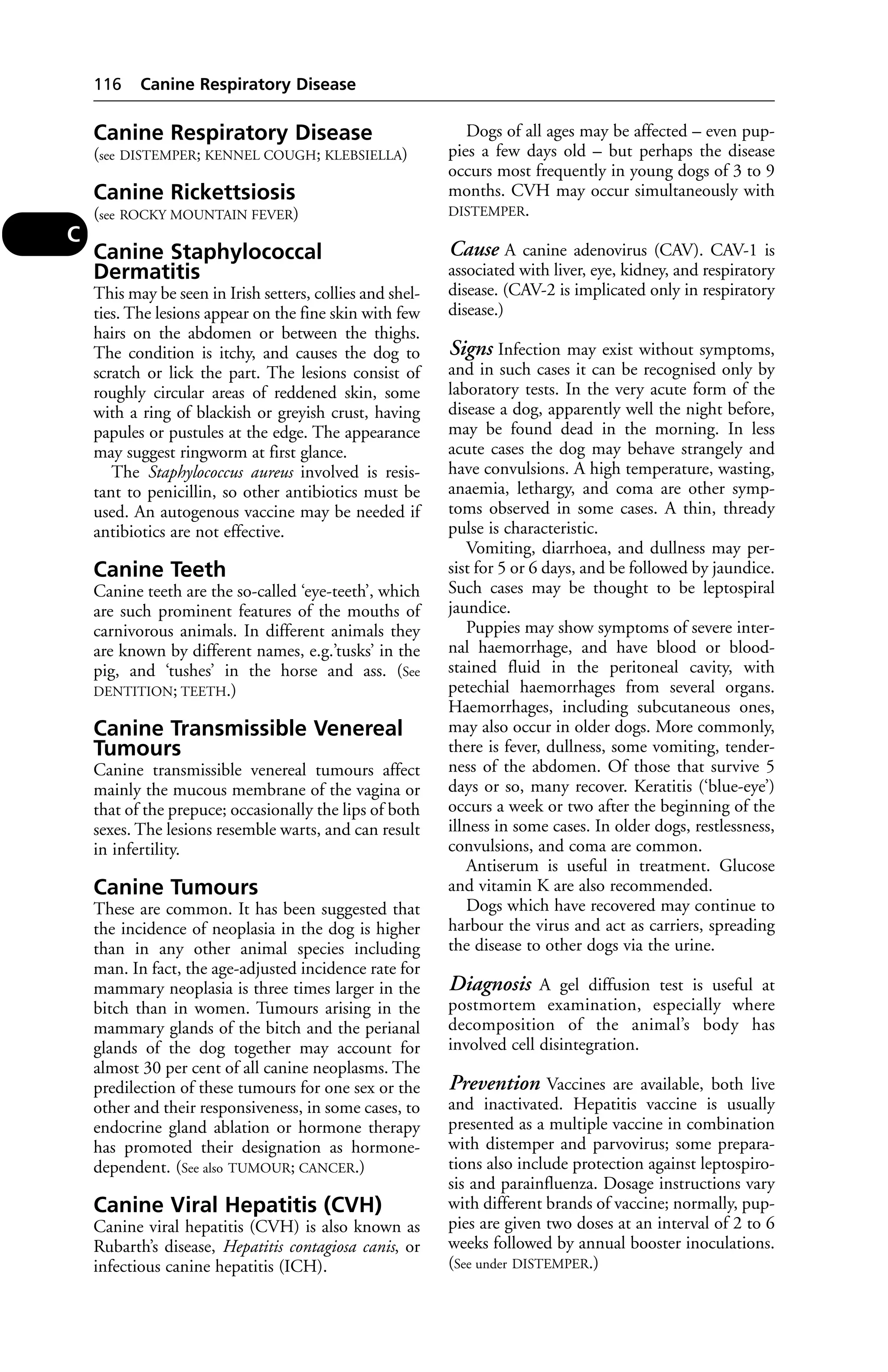 Canine Respiratory Disease 
(see DISTEMPER; KENNEL COUGH; KLEBSIELLA) 
Canine Rickettsiosis 
(see ROCKY MOUNTAIN FEVER) 
Canine Staphylococcal 
Dermatitis 
This may be seen in Irish setters, collies and shel-ties. 
The lesions appear on the fine skin with few 
hairs on the abdomen or between the thighs. 
The condition is itchy, and causes the dog to 
scratch or lick the part. The lesions consist of 
roughly circular areas of reddened skin, some 
with a ring of blackish or greyish crust, having 
papules or pustules at the edge. The appearance 
may suggest ringworm at first glance. 
The Staphylococcus aureus involved is resis-tant 
to penicillin, so other antibiotics must be 
used. An autogenous vaccine may be needed if 
antibiotics are not effective. 
Canine Teeth 
Canine teeth are the so-called ‘eye-teeth’, which 
are such prominent features of the mouths of 
carnivorous animals. In different animals they 
are known by different names, e.g.’tusks’ in the 
pig, and ‘tushes’ in the horse and ass. (See 
DENTITION; TEETH.) 
Canine Transmissible Venereal 
Tumours 
Canine transmissible venereal tumours affect 
mainly the mucous membrane of the vagina or 
that of the prepuce; occasionally the lips of both 
sexes. The lesions resemble warts, and can result 
in infertility. 
Canine Tumours 
These are common. It has been suggested that 
the incidence of neoplasia in the dog is higher 
than in any other animal species including 
man. In fact, the age-adjusted incidence rate for 
mammary neoplasia is three times larger in the 
bitch than in women. Tumours arising in the 
mammary glands of the bitch and the perianal 
glands of the dog together may account for 
almost 30 per cent of all canine neoplasms. The 
predilection of these tumours for one sex or the 
other and their responsiveness, in some cases, to 
endocrine gland ablation or hormone therapy 
has promoted their designation as hormone-dependent. 
(See also TUMOUR; CANCER.) 
Canine Viral Hepatitis (CVH) 
Canine viral hepatitis (CVH) is also known as 
Rubarth’s disease, Hepatitis contagiosa canis, or 
infectious canine hepatitis (ICH). 
Dogs of all ages may be affected – even pup-pies 
a few days old – but perhaps the disease 
occurs most frequently in young dogs of 3 to 9 
months. CVH may occur simultaneously with 
DISTEMPER. 
Cause A canine adenovirus (CAV). CAV-1 is 
associated with liver, eye, kidney, and respiratory 
disease. (CAV-2 is implicated only in respiratory 
disease.) 
Signs Infection may exist without symptoms, 
and in such cases it can be recognised only by 
laboratory tests. In the very acute form of the 
disease a dog, apparently well the night before, 
may be found dead in the morning. In less 
acute cases the dog may behave strangely and 
have convulsions. A high temperature, wasting, 
anaemia, lethargy, and coma are other symp-toms 
observed in some cases. A thin, thready 
pulse is characteristic. 
Vomiting, diarrhoea, and dullness may per-sist 
for 5 or 6 days, and be followed by jaundice. 
Such cases may be thought to be leptospiral 
jaundice. 
Puppies may show symptoms of severe inter-nal 
haemorrhage, and have blood or blood-stained 
fluid in the peritoneal cavity, with 
petechial haemorrhages from several organs. 
Haemorrhages, including subcutaneous ones, 
may also occur in older dogs. More commonly, 
there is fever, dullness, some vomiting, tender-ness 
of the abdomen. Of those that survive 5 
days or so, many recover. Keratitis (‘blue-eye’) 
occurs a week or two after the beginning of the 
illness in some cases. In older dogs, restlessness, 
convulsions, and coma are common. 
Antiserum is useful in treatment. Glucose 
and vitamin K are also recommended. 
Dogs which have recovered may continue to 
harbour the virus and act as carriers, spreading 
the disease to other dogs via the urine. 
Diagnosis A gel diffusion test is useful at 
postmortem examination, especially where 
decomposition of the animal’s body has 
involved cell disintegration. 
Prevention Vaccines are available, both live 
and inactivated. Hepatitis vaccine is usually 
presented as a multiple vaccine in combination 
with distemper and parvovirus; some prepara-tions 
also include protection against leptospiro-sis 
and parainfluenza. Dosage instructions vary 
with different brands of vaccine; normally, pup-pies 
are given two doses at an interval of 2 to 6 
weeks followed by annual booster inoculations. 
(See under DISTEMPER.) 
116 Canine Respiratory Disease 
C 
 