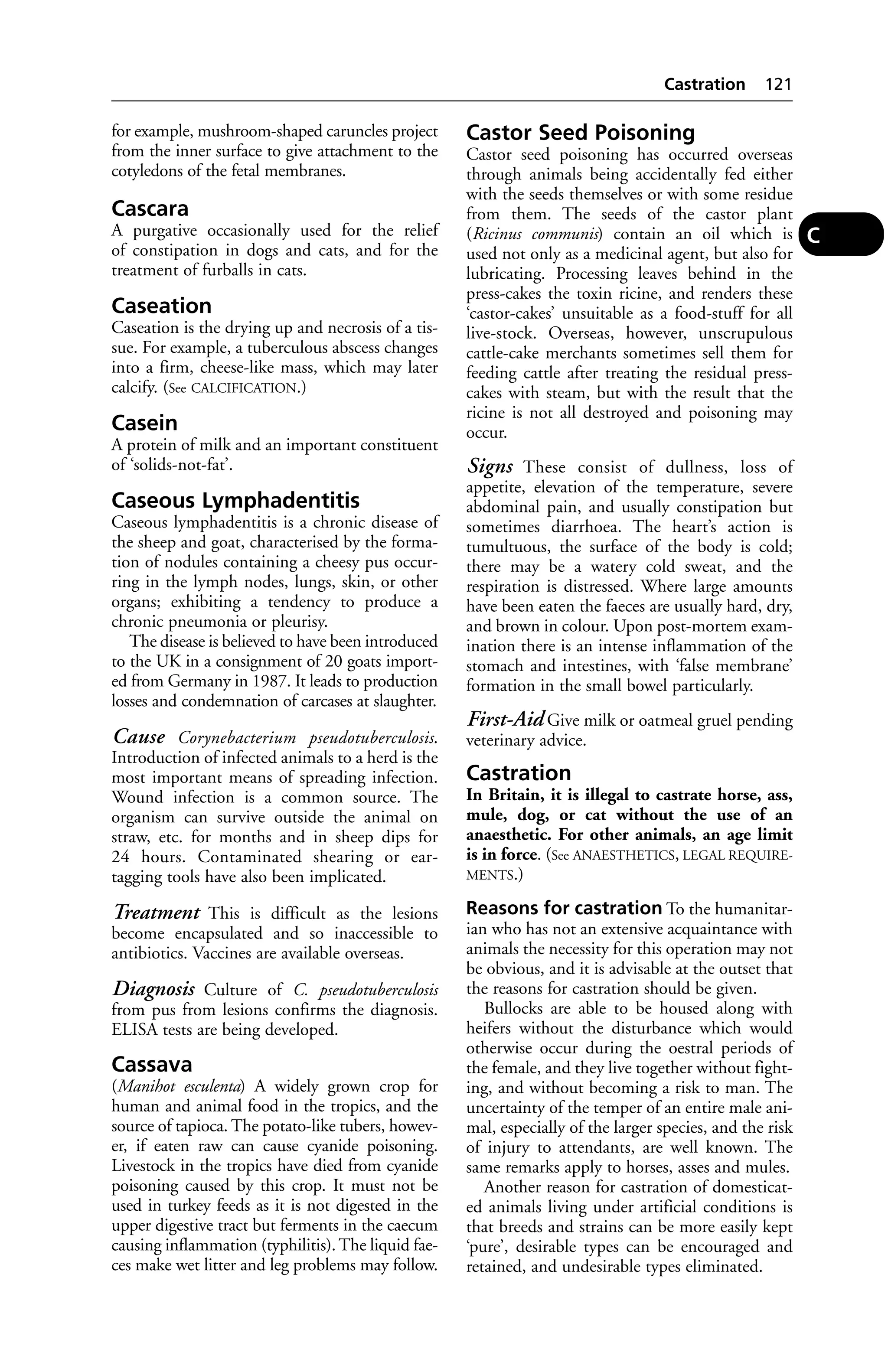 for example, mushroom-shaped caruncles project 
from the inner surface to give attachment to the 
cotyledons of the fetal membranes. 
Cascara 
A purgative occasionally used for the relief 
of constipation in dogs and cats, and for the 
treatment of furballs in cats. 
Caseation 
Caseation is the drying up and necrosis of a tis-sue. 
For example, a tuberculous abscess changes 
into a firm, cheese-like mass, which may later 
calcify. (See CALCIFICATION.) 
Casein 
A protein of milk and an important constituent 
of ‘solids-not-fat’. 
Caseous Lymphadentitis 
Caseous lymphadentitis is a chronic disease of 
the sheep and goat, characterised by the forma-tion 
of nodules containing a cheesy pus occur-ring 
in the lymph nodes, lungs, skin, or other 
organs; exhibiting a tendency to produce a 
chronic pneumonia or pleurisy. 
The disease is believed to have been introduced 
to the UK in a consignment of 20 goats import-ed 
from Germany in 1987. It leads to production 
losses and condemnation of carcases at slaughter. 
Cause Corynebacterium pseudotuberculosis. 
Introduction of infected animals to a herd is the 
most important means of spreading infection. 
Wound infection is a common source. The 
organism can survive outside the animal on 
straw, etc. for months and in sheep dips for 
24 hours. Contaminated shearing or ear-tagging 
tools have also been implicated. 
Treatment This is difficult as the lesions 
become encapsulated and so inaccessible to 
antibiotics. Vaccines are available overseas. 
Diagnosis Culture of C. pseudotuberculosis 
from pus from lesions confirms the diagnosis. 
ELISA tests are being developed. 
Cassava 
(Manihot esculenta) A widely grown crop for 
human and animal food in the tropics, and the 
source of tapioca. The potato-like tubers, howev-er, 
if eaten raw can cause cyanide poisoning. 
Livestock in the tropics have died from cyanide 
poisoning caused by this crop. It must not be 
used in turkey feeds as it is not digested in the 
upper digestive tract but ferments in the caecum 
causing inflammation (typhilitis). The liquid fae-ces 
make wet litter and leg problems may follow. 
Castration 121 
Castor Seed Poisoning 
Castor seed poisoning has occurred overseas 
through animals being accidentally fed either 
with the seeds themselves or with some residue 
from them. The seeds of the castor plant 
(Ricinus communis) contain an oil which is 
used not only as a medicinal agent, but also for 
lubricating. Processing leaves behind in the 
press-cakes the toxin ricine, and renders these 
‘castor-cakes’ unsuitable as a food-stuff for all 
live-stock. Overseas, however, unscrupulous 
cattle-cake merchants sometimes sell them for 
feeding cattle after treating the residual press-cakes 
with steam, but with the result that the 
ricine is not all destroyed and poisoning may 
occur. 
Signs These consist of dullness, loss of 
appetite, elevation of the temperature, severe 
abdominal pain, and usually constipation but 
sometimes diarrhoea. The heart’s action is 
tumultuous, the surface of the body is cold; 
there may be a watery cold sweat, and the 
respiration is distressed. Where large amounts 
have been eaten the faeces are usually hard, dry, 
and brown in colour. Upon post-mortem exam-ination 
there is an intense inflammation of the 
stomach and intestines, with ‘false membrane’ 
formation in the small bowel particularly. 
First-Aid Give milk or oatmeal gruel pending 
veterinary advice. 
Castration 
In Britain, it is illegal to castrate horse, ass, 
mule, dog, or cat without the use of an 
anaesthetic. For other animals, an age limit 
is in force. (See ANAESTHETICS, LEGAL REQUIRE-MENTS.) 
Reasons for castration To the humanitar-ian 
who has not an extensive acquaintance with 
animals the necessity for this operation may not 
be obvious, and it is advisable at the outset that 
the reasons for castration should be given. 
Bullocks are able to be housed along with 
heifers without the disturbance which would 
otherwise occur during the oestral periods of 
the female, and they live together without fight-ing, 
and without becoming a risk to man. The 
uncertainty of the temper of an entire male ani-mal, 
especially of the larger species, and the risk 
of injury to attendants, are well known. The 
same remarks apply to horses, asses and mules. 
Another reason for castration of domesticat-ed 
animals living under artificial conditions is 
that breeds and strains can be more easily kept 
‘pure’, desirable types can be encouraged and 
retained, and undesirable types eliminated. 
C 
 