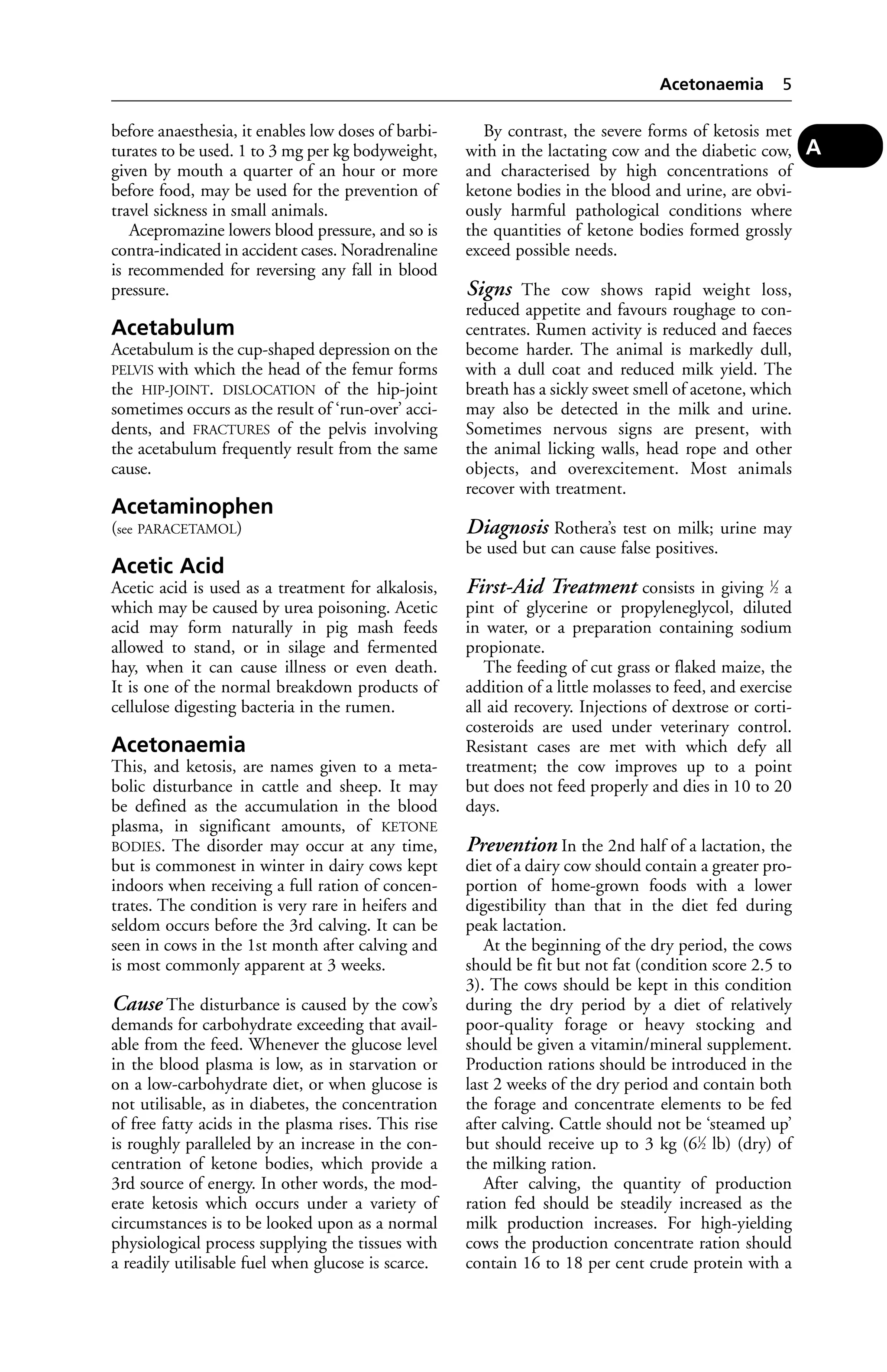 before anaesthesia, it enables low doses of barbi-turates 
to be used. 1 to 3 mg per kg bodyweight, 
given by mouth a quarter of an hour or more 
before food, may be used for the prevention of 
travel sickness in small animals. 
Acepromazine lowers blood pressure, and so is 
contra-indicated in accident cases. Noradrenaline 
is recommended for reversing any fall in blood 
pressure. 
Acetabulum 
Acetabulum is the cup-shaped depression on the 
PELVIS with which the head of the femur forms 
the HIP-JOINT. DISLOCATION of the hip-joint 
sometimes occurs as the result of ‘run-over’ acci-dents, 
and FRACTURES of the pelvis involving 
the acetabulum frequently result from the same 
cause. 
Acetaminophen 
(see PARACETAMOL) 
Acetic Acid 
Acetic acid is used as a treatment for alkalosis, 
which may be caused by urea poisoning. Acetic 
acid may form naturally in pig mash feeds 
allowed to stand, or in silage and fermented 
hay, when it can cause illness or even death. 
It is one of the normal breakdown products of 
cellulose digesting bacteria in the rumen. 
Acetonaemia 
This, and ketosis, are names given to a meta-bolic 
disturbance in cattle and sheep. It may 
be defined as the accumulation in the blood 
plasma, in significant amounts, of KETONE 
BODIES. The disorder may occur at any time, 
but is commonest in winter in dairy cows kept 
indoors when receiving a full ration of concen-trates. 
The condition is very rare in heifers and 
seldom occurs before the 3rd calving. It can be 
seen in cows in the 1st month after calving and 
is most commonly apparent at 3 weeks. 
Cause The disturbance is caused by the cow’s 
demands for carbohydrate exceeding that avail-able 
from the feed. Whenever the glucose level 
in the blood plasma is low, as in starvation or 
on a low-carbohydrate diet, or when glucose is 
not utilisable, as in diabetes, the concentration 
of free fatty acids in the plasma rises. This rise 
is roughly paralleled by an increase in the con-centration 
of ketone bodies, which provide a 
3rd source of energy. In other words, the mod-erate 
ketosis which occurs under a variety of 
circumstances is to be looked upon as a normal 
physiological process supplying the tissues with 
a readily utilisable fuel when glucose is scarce. 
Acetonaemia 5 
By contrast, the severe forms of ketosis met 
with in the lactating cow and the diabetic cow, 
and characterised by high concentrations of 
ketone bodies in the blood and urine, are obvi-ously 
harmful pathological conditions where 
the quantities of ketone bodies formed grossly 
exceed possible needs. 
Signs The cow shows rapid weight loss, 
reduced appetite and favours roughage to con-centrates. 
Rumen activity is reduced and faeces 
become harder. The animal is markedly dull, 
with a dull coat and reduced milk yield. The 
breath has a sickly sweet smell of acetone, which 
may also be detected in the milk and urine. 
Sometimes nervous signs are present, with 
the animal licking walls, head rope and other 
objects, and overexcitement. Most animals 
recover with treatment. 
Diagnosis Rothera’s test on milk; urine may 
be used but can cause false positives. 
First-Aid Treatment consists in giving 1⁄2 a 
pint of glycerine or propyleneglycol, diluted 
in water, or a preparation containing sodium 
propionate. 
The feeding of cut grass or flaked maize, the 
addition of a little molasses to feed, and exercise 
all aid recovery. Injections of dextrose or corti-costeroids 
are used under veterinary control. 
Resistant cases are met with which defy all 
treatment; the cow improves up to a point 
but does not feed properly and dies in 10 to 20 
days. 
Prevention In the 2nd half of a lactation, the 
diet of a dairy cow should contain a greater pro-portion 
of home-grown foods with a lower 
digestibility than that in the diet fed during 
peak lactation. 
At the beginning of the dry period, the cows 
should be fit but not fat (condition score 2.5 to 
3). The cows should be kept in this condition 
during the dry period by a diet of relatively 
poor-quality forage or heavy stocking and 
should be given a vitamin/mineral supplement. 
Production rations should be introduced in the 
last 2 weeks of the dry period and contain both 
the forage and concentrate elements to be fed 
after calving. Cattle should not be ‘steamed up’ 
but should receive up to 3 kg (61⁄2 lb) (dry) of 
the milking ration. 
After calving, the quantity of production 
ration fed should be steadily increased as the 
milk production increases. For high-yielding 
cows the production concentrate ration should 
contain 16 to 18 per cent crude protein with a 
A 
 