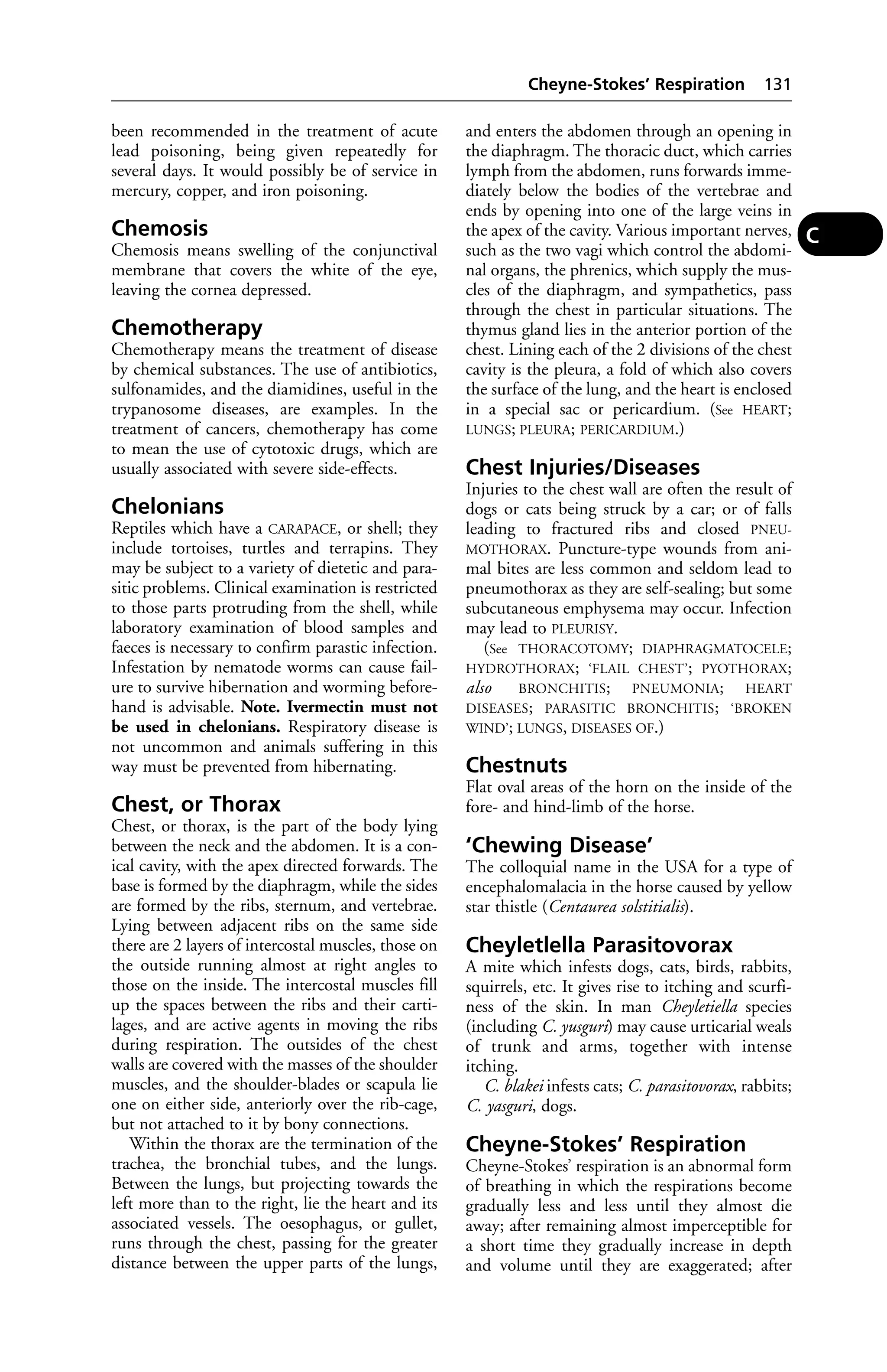 been recommended in the treatment of acute 
lead poisoning, being given repeatedly for 
several days. It would possibly be of service in 
mercury, copper, and iron poisoning. 
Chemosis 
Chemosis means swelling of the conjunctival 
membrane that covers the white of the eye, 
leaving the cornea depressed. 
Chemotherapy 
Chemotherapy means the treatment of disease 
by chemical substances. The use of antibiotics, 
sulfonamides, and the diamidines, useful in the 
trypanosome diseases, are examples. In the 
treatment of cancers, chemotherapy has come 
to mean the use of cytotoxic drugs, which are 
usually associated with severe side-effects. 
Chelonians 
Reptiles which have a CARAPACE, or shell; they 
include tortoises, turtles and terrapins. They 
may be subject to a variety of dietetic and para-sitic 
problems. Clinical examination is restricted 
to those parts protruding from the shell, while 
laboratory examination of blood samples and 
faeces is necessary to confirm parastic infection. 
Infestation by nematode worms can cause fail-ure 
to survive hibernation and worming before-hand 
is advisable. Note. Ivermectin must not 
be used in chelonians. Respiratory disease is 
not uncommon and animals suffering in this 
way must be prevented from hibernating. 
Chest, or Thorax 
Chest, or thorax, is the part of the body lying 
between the neck and the abdomen. It is a con-ical 
cavity, with the apex directed forwards. The 
base is formed by the diaphragm, while the sides 
are formed by the ribs, sternum, and vertebrae. 
Lying between adjacent ribs on the same side 
there are 2 layers of intercostal muscles, those on 
the outside running almost at right angles to 
those on the inside. The intercostal muscles fill 
up the spaces between the ribs and their carti-lages, 
and are active agents in moving the ribs 
during respiration. The outsides of the chest 
walls are covered with the masses of the shoulder 
muscles, and the shoulder-blades or scapula lie 
one on either side, anteriorly over the rib-cage, 
but not attached to it by bony connections. 
Within the thorax are the termination of the 
trachea, the bronchial tubes, and the lungs. 
Between the lungs, but projecting towards the 
left more than to the right, lie the heart and its 
associated vessels. The oesophagus, or gullet, 
runs through the chest, passing for the greater 
distance between the upper parts of the lungs, 
Cheyne-Stokes’ Respiration 131 
and enters the abdomen through an opening in 
the diaphragm. The thoracic duct, which carries 
lymph from the abdomen, runs forwards imme-diately 
below the bodies of the vertebrae and 
ends by opening into one of the large veins in 
the apex of the cavity. Various important nerves, 
such as the two vagi which control the abdomi-nal 
organs, the phrenics, which supply the mus-cles 
of the diaphragm, and sympathetics, pass 
through the chest in particular situations. The 
thymus gland lies in the anterior portion of the 
chest. Lining each of the 2 divisions of the chest 
cavity is the pleura, a fold of which also covers 
the surface of the lung, and the heart is enclosed 
in a special sac or pericardium. (See HEART; 
LUNGS; PLEURA; PERICARDIUM.) 
Chest Injuries/Diseases 
Injuries to the chest wall are often the result of 
dogs or cats being struck by a car; or of falls 
leading to fractured ribs and closed PNEU-MOTHORAX. 
Puncture-type wounds from ani-mal 
bites are less common and seldom lead to 
pneumothorax as they are self-sealing; but some 
subcutaneous emphysema may occur. Infection 
may lead to PLEURISY. 
(See THORACOTOMY; DIAPHRAGMATOCELE; 
HYDROTHORAX; ‘FLAIL CHEST’; PYOTHORAX; 
also BRONCHITIS; PNEUMONIA; HEART 
DISEASES; PARASITIC BRONCHITIS; ‘BROKEN 
WIND’; LUNGS, DISEASES OF.) 
Chestnuts 
Flat oval areas of the horn on the inside of the 
fore- and hind-limb of the horse. 
‘Chewing Disease’ 
The colloquial name in the USA for a type of 
encephalomalacia in the horse caused by yellow 
star thistle (Centaurea solstitialis). 
Cheyletlella Parasitovorax 
A mite which infests dogs, cats, birds, rabbits, 
squirrels, etc. It gives rise to itching and scurfi-ness 
of the skin. In man Cheyletiella species 
(including C. yusguri) may cause urticarial weals 
of trunk and arms, together with intense 
itching. 
C. blakei infests cats; C. parasitovorax, rabbits; 
C. yasguri, dogs. 
Cheyne-Stokes’ Respiration 
Cheyne-Stokes’ respiration is an abnormal form 
of breathing in which the respirations become 
gradually less and less until they almost die 
away; after remaining almost imperceptible for 
a short time they gradually increase in depth 
and volume until they are exaggerated; after 
C 
 