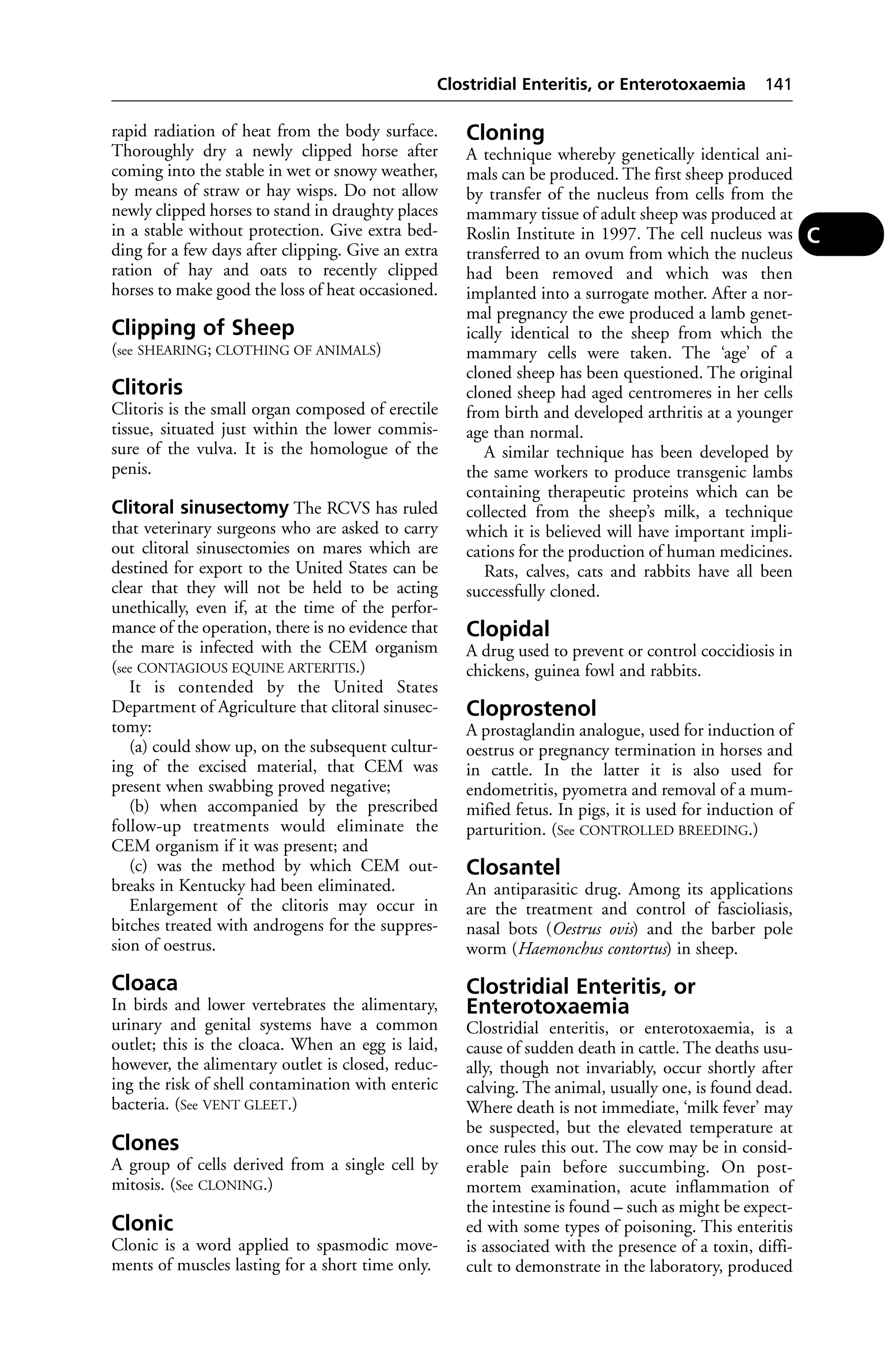 Clostridial Enteritis, or Enterotoxaemia 141 
rapid radiation of heat from the body surface. 
Thoroughly dry a newly clipped horse after 
coming into the stable in wet or snowy weather, 
by means of straw or hay wisps. Do not allow 
newly clipped horses to stand in draughty places 
in a stable without protection. Give extra bed-ding 
for a few days after clipping. Give an extra 
ration of hay and oats to recently clipped 
horses to make good the loss of heat occasioned. 
Clipping of Sheep 
(see SHEARING; CLOTHING OF ANIMALS) 
Clitoris 
Clitoris is the small organ composed of erectile 
tissue, situated just within the lower commis-sure 
of the vulva. It is the homologue of the 
penis. 
Clitoral sinusectomy The RCVS has ruled 
that veterinary surgeons who are asked to carry 
out clitoral sinusectomies on mares which are 
destined for export to the United States can be 
clear that they will not be held to be acting 
unethically, even if, at the time of the perfor-mance 
of the operation, there is no evidence that 
the mare is infected with the CEM organism 
(see CONTAGIOUS EQUINE ARTERITIS.) 
It is contended by the United States 
Department of Agriculture that clitoral sinusec-tomy: 
(a) could show up, on the subsequent cultur-ing 
of the excised material, that CEM was 
present when swabbing proved negative; 
(b) when accompanied by the prescribed 
follow-up treatments would eliminate the 
CEM organism if it was present; and 
(c) was the method by which CEM out-breaks 
in Kentucky had been eliminated. 
Enlargement of the clitoris may occur in 
bitches treated with androgens for the suppres-sion 
of oestrus. 
Cloaca 
In birds and lower vertebrates the alimentary, 
urinary and genital systems have a common 
outlet; this is the cloaca. When an egg is laid, 
however, the alimentary outlet is closed, reduc-ing 
the risk of shell contamination with enteric 
bacteria. (See VENT GLEET.) 
Clones 
A group of cells derived from a single cell by 
mitosis. (See CLONING.) 
Clonic 
Clonic is a word applied to spasmodic move-ments 
of muscles lasting for a short time only. 
Cloning 
A technique whereby genetically identical ani-mals 
can be produced. The first sheep produced 
by transfer of the nucleus from cells from the 
mammary tissue of adult sheep was produced at 
Roslin Institute in 1997. The cell nucleus was 
transferred to an ovum from which the nucleus 
had been removed and which was then 
implanted into a surrogate mother. After a nor-mal 
pregnancy the ewe produced a lamb genet-ically 
identical to the sheep from which the 
mammary cells were taken. The ‘age’ of a 
cloned sheep has been questioned. The original 
cloned sheep had aged centromeres in her cells 
from birth and developed arthritis at a younger 
age than normal. 
A similar technique has been developed by 
the same workers to produce transgenic lambs 
containing therapeutic proteins which can be 
collected from the sheep’s milk, a technique 
which it is believed will have important impli-cations 
for the production of human medicines. 
Rats, calves, cats and rabbits have all been 
successfully cloned. 
Clopidal 
A drug used to prevent or control coccidiosis in 
chickens, guinea fowl and rabbits. 
Cloprostenol 
A prostaglandin analogue, used for induction of 
oestrus or pregnancy termination in horses and 
in cattle. In the latter it is also used for 
endometritis, pyometra and removal of a mum-mified 
fetus. In pigs, it is used for induction of 
parturition. (See CONTROLLED BREEDING.) 
Closantel 
An antiparasitic drug. Among its applications 
are the treatment and control of fascioliasis, 
nasal bots (Oestrus ovis) and the barber pole 
worm (Haemonchus contortus) in sheep. 
Clostridial Enteritis, or 
Enterotoxaemia 
Clostridial enteritis, or enterotoxaemia, is a 
cause of sudden death in cattle. The deaths usu-ally, 
though not invariably, occur shortly after 
calving. The animal, usually one, is found dead. 
Where death is not immediate, ‘milk fever’ may 
be suspected, but the elevated temperature at 
once rules this out. The cow may be in consid-erable 
pain before succumbing. On post-mortem 
examination, acute inflammation of 
the intestine is found – such as might be expect-ed 
with some types of poisoning. This enteritis 
is associated with the presence of a toxin, diffi-cult 
to demonstrate in the laboratory, produced 
C 
 