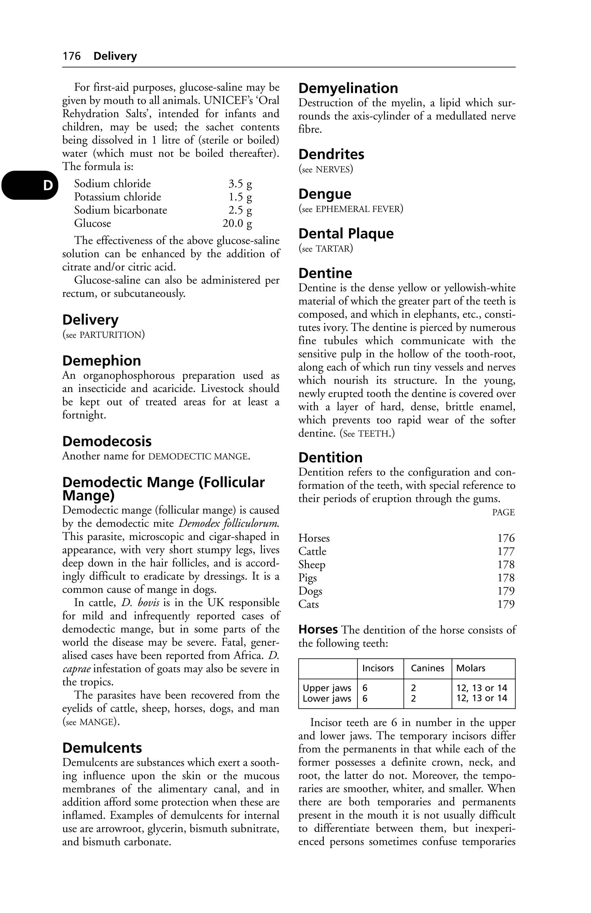 For first-aid purposes, glucose-saline may be 
given by mouth to all animals. UNICEF’s ‘Oral 
Rehydration Salts’, intended for infants and 
children, may be used; the sachet contents 
being dissolved in 1 litre of (sterile or boiled) 
water (which must not be boiled thereafter). 
The formula is: 
Sodium chloride 3.5 g 
Potassium chloride 1.5 g 
Sodium bicarbonate 2.5 g 
Glucose 20.0 g 
The effectiveness of the above glucose-saline 
solution can be enhanced by the addition of 
citrate and/or citric acid. 
Glucose-saline can also be administered per 
rectum, or subcutaneously. 
Delivery 
(see PARTURITION) 
Demephion 
An organophosphorous preparation used as 
an insecticide and acaricide. Livestock should 
be kept out of treated areas for at least a 
fortnight. 
Demodecosis 
Another name for DEMODECTIC MANGE. 
Demodectic Mange (Follicular 
Mange) 
Demodectic mange (follicular mange) is caused 
by the demodectic mite Demodex folliculorum. 
This parasite, microscopic and cigar-shaped in 
appearance, with very short stumpy legs, lives 
deep down in the hair follicles, and is accord-ingly 
difficult to eradicate by dressings. It is a 
common cause of mange in dogs. 
In cattle, D. bovis is in the UK responsible 
for mild and infrequently reported cases of 
demodectic mange, but in some parts of the 
world the disease may be severe. Fatal, gener-alised 
cases have been reported from Africa. D. 
caprae infestation of goats may also be severe in 
the tropics. 
The parasites have been recovered from the 
eyelids of cattle, sheep, horses, dogs, and man 
(see MANGE). 
Demulcents 
Demulcents are substances which exert a sooth-ing 
influence upon the skin or the mucous 
membranes of the alimentary canal, and in 
addition afford some protection when these are 
inflamed. Examples of demulcents for internal 
use are arrowroot, glycerin, bismuth subnitrate, 
and bismuth carbonate. 
Demyelination 
Destruction of the myelin, a lipid which sur-rounds 
the axis-cylinder of a medullated nerve 
fibre. 
Dendrites 
(see NERVES) 
Dengue 
(see EPHEMERAL FEVER) 
Dental Plaque 
(see TARTAR) 
Dentine 
Dentine is the dense yellow or yellowish-white 
material of which the greater part of the teeth is 
composed, and which in elephants, etc., consti-tutes 
ivory. The dentine is pierced by numerous 
fine tubules which communicate with the 
sensitive pulp in the hollow of the tooth-root, 
along each of which run tiny vessels and nerves 
which nourish its structure. In the young, 
newly erupted tooth the dentine is covered over 
with a layer of hard, dense, brittle enamel, 
which prevents too rapid wear of the softer 
dentine. (See TEETH.) 
Dentition 
Dentition refers to the configuration and con-formation 
of the teeth, with special reference to 
their periods of eruption through the gums. 
PAGE 
Horses 176 
Cattle 177 
Sheep 178 
Pigs 178 
Dogs 179 
Cats 179 
Horses The dentition of the horse consists of 
the following teeth: 
Incisor teeth are 6 in number in the upper 
and lower jaws. The temporary incisors differ 
from the permanents in that while each of the 
former possesses a definite crown, neck, and 
root, the latter do not. Moreover, the tempo-raries 
are smoother, whiter, and smaller. When 
there are both temporaries and permanents 
present in the mouth it is not usually difficult 
to differentiate between them, but inexperi-enced 
persons sometimes confuse temporaries 
176 Delivery 
D 
Incisors Canines Molars 
Upper jaws 6 2 12, 13 or 14 
Lower jaws 6 2 12, 13 or 14 
 