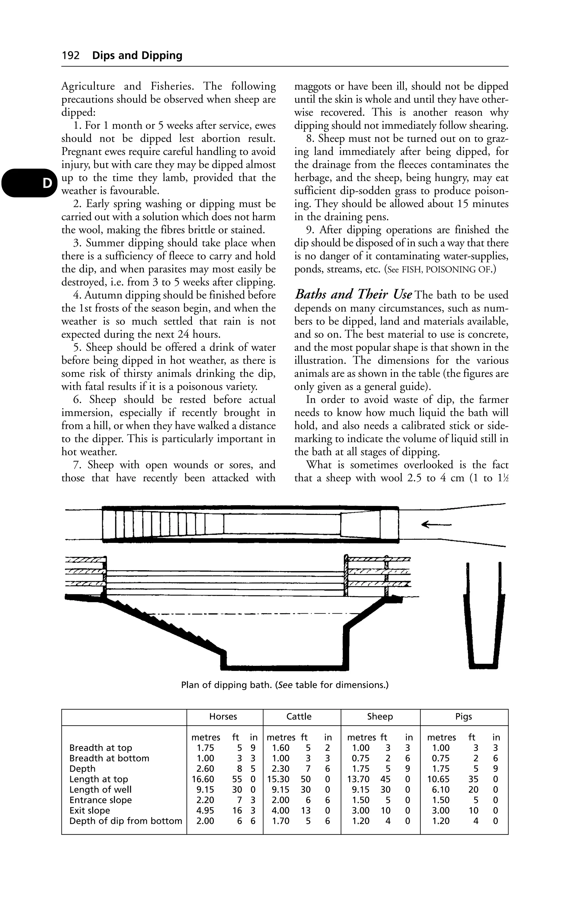 Agriculture and Fisheries. The following 
precautions should be observed when sheep are 
dipped: 
1. For 1 month or 5 weeks after service, ewes 
should not be dipped lest abortion result. 
Pregnant ewes require careful handling to avoid 
injury, but with care they may be dipped almost 
up to the time they lamb, provided that the 
weather is favourable. 
2. Early spring washing or dipping must be 
carried out with a solution which does not harm 
the wool, making the fibres brittle or stained. 
3. Summer dipping should take place when 
there is a sufficiency of fleece to carry and hold 
the dip, and when parasites may most easily be 
destroyed, i.e. from 3 to 5 weeks after clipping. 
4. Autumn dipping should be finished before 
the 1st frosts of the season begin, and when the 
weather is so much settled that rain is not 
expected during the next 24 hours. 
5. Sheep should be offered a drink of water 
before being dipped in hot weather, as there is 
some risk of thirsty animals drinking the dip, 
with fatal results if it is a poisonous variety. 
6. Sheep should be rested before actual 
immersion, especially if recently brought in 
from a hill, or when they have walked a distance 
to the dipper. This is particularly important in 
hot weather. 
7. Sheep with open wounds or sores, and 
those that have recently been attacked with 
maggots or have been ill, should not be dipped 
until the skin is whole and until they have other-wise 
recovered. This is another reason why 
dipping should not immediately follow shearing. 
8. Sheep must not be turned out on to graz-ing 
land immediately after being dipped, for 
the drainage from the fleeces contaminates the 
herbage, and the sheep, being hungry, may eat 
sufficient dip-sodden grass to produce poison-ing. 
They should be allowed about 15 minutes 
in the draining pens. 
9. After dipping operations are finished the 
dip should be disposed of in such a way that there 
is no danger of it contaminating water-supplies, 
ponds, streams, etc. (See FISH, POISONING OF.) 
Baths and Their Use The bath to be used 
depends on many circumstances, such as num-bers 
to be dipped, land and materials available, 
and so on. The best material to use is concrete, 
and the most popular shape is that shown in the 
illustration. The dimensions for the various 
animals are as shown in the table (the figures are 
only given as a general guide). 
In order to avoid waste of dip, the farmer 
needs to know how much liquid the bath will 
hold, and also needs a calibrated stick or side-marking 
to indicate the volume of liquid still in 
the bath at all stages of dipping. 
What is sometimes overlooked is the fact 
that a sheep with wool 2.5 to 4 cm (1 to 11⁄2 
192 Dips and Dipping 
D 
Plan of dipping bath. (See table for dimensions.) 
Horses Cattle Sheep Pigs 
metres ft in metres ft in metres ft in metres ft in 
Breadth at top 1.75 5 9 1.60 5 2 1.00 3 3 1.00 3 3 
Breadth at bottom 1.00 3 3 1.00 3 3 0.75 2 6 0.75 2 6 
Depth 2.60 8 5 2.30 7 6 1.75 5 9 1.75 5 9 
Length at top 16.60 55 0 15.30 50 0 13.70 45 0 10.65 35 0 
Length of well 9.15 30 0 9.15 30 0 9.15 30 0 6.10 20 0 
Entrance slope 2.20 7 3 2.00 6 6 1.50 5 0 1.50 5 0 
Exit slope 4.95 16 3 4.00 13 0 3.00 10 0 3.00 10 0 
Depth of dip from bottom 2.00 6 6 1.70 5 6 1.20 4 0 1.20 4 0 
 