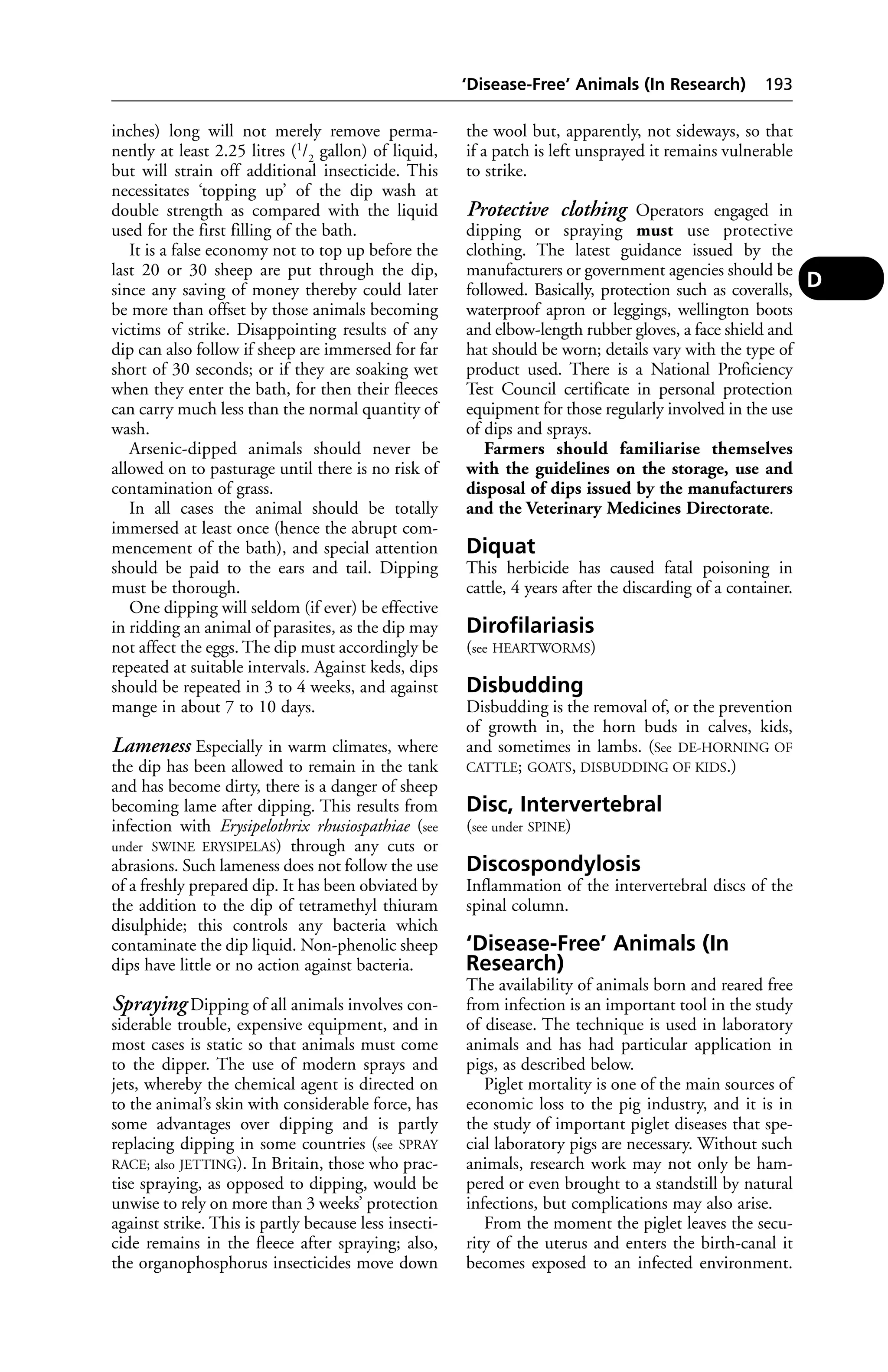 inches) long will not merely remove perma-nently 
at least 2.25 litres (1/2 gallon) of liquid, 
but will strain off additional insecticide. This 
necessitates ‘topping up’ of the dip wash at 
double strength as compared with the liquid 
used for the first filling of the bath. 
It is a false economy not to top up before the 
last 20 or 30 sheep are put through the dip, 
since any saving of money thereby could later 
be more than offset by those animals becoming 
victims of strike. Disappointing results of any 
dip can also follow if sheep are immersed for far 
short of 30 seconds; or if they are soaking wet 
when they enter the bath, for then their fleeces 
can carry much less than the normal quantity of 
wash. 
Arsenic-dipped animals should never be 
allowed on to pasturage until there is no risk of 
contamination of grass. 
In all cases the animal should be totally 
immersed at least once (hence the abrupt com-mencement 
of the bath), and special attention 
should be paid to the ears and tail. Dipping 
must be thorough. 
One dipping will seldom (if ever) be effective 
in ridding an animal of parasites, as the dip may 
not affect the eggs. The dip must accordingly be 
repeated at suitable intervals. Against keds, dips 
should be repeated in 3 to 4 weeks, and against 
mange in about 7 to 10 days. 
Lameness Especially in warm climates, where 
the dip has been allowed to remain in the tank 
and has become dirty, there is a danger of sheep 
becoming lame after dipping. This results from 
infection with Erysipelothrix rhusiospathiae (see 
under SWINE ERYSIPELAS) through any cuts or 
abrasions. Such lameness does not follow the use 
of a freshly prepared dip. It has been obviated by 
the addition to the dip of tetramethyl thiuram 
disulphide; this controls any bacteria which 
contaminate the dip liquid. Non-phenolic sheep 
dips have little or no action against bacteria. 
Spraying Dipping of all animals involves con-siderable 
trouble, expensive equipment, and in 
most cases is static so that animals must come 
to the dipper. The use of modern sprays and 
jets, whereby the chemical agent is directed on 
to the animal’s skin with considerable force, has 
some advantages over dipping and is partly 
replacing dipping in some countries (see SPRAY 
RACE; also JETTING). In Britain, those who prac-tise 
spraying, as opposed to dipping, would be 
unwise to rely on more than 3 weeks’ protection 
against strike. This is partly because less insecti-cide 
remains in the fleece after spraying; also, 
the organophosphorus insecticides move down 
‘Disease-Free’ Animals (In Research) 193 
the wool but, apparently, not sideways, so that 
if a patch is left unsprayed it remains vulnerable 
to strike. 
Protective clothing Operators engaged in 
dipping or spraying must use protective 
clothing. The latest guidance issued by the 
manufacturers or government agencies should be 
followed. Basically, protection such as coveralls, 
waterproof apron or leggings, wellington boots 
and elbow-length rubber gloves, a face shield and 
hat should be worn; details vary with the type of 
product used. There is a National Proficiency 
Test Council certificate in personal protection 
equipment for those regularly involved in the use 
of dips and sprays. 
Farmers should familiarise themselves 
with the guidelines on the storage, use and 
disposal of dips issued by the manufacturers 
and the Veterinary Medicines Directorate. 
Diquat 
This herbicide has caused fatal poisoning in 
cattle, 4 years after the discarding of a container. 
Dirofilariasis 
(see HEARTWORMS) 
Disbudding 
Disbudding is the removal of, or the prevention 
of growth in, the horn buds in calves, kids, 
and sometimes in lambs. (See DE-HORNING OF 
CATTLE; GOATS, DISBUDDING OF KIDS.) 
Disc, Intervertebral 
(see under SPINE) 
Discospondylosis 
Inflammation of the intervertebral discs of the 
spinal column. 
‘Disease-Free’ Animals (In 
Research) 
The availability of animals born and reared free 
from infection is an important tool in the study 
of disease. The technique is used in laboratory 
animals and has had particular application in 
pigs, as described below. 
Piglet mortality is one of the main sources of 
economic loss to the pig industry, and it is in 
the study of important piglet diseases that spe-cial 
laboratory pigs are necessary. Without such 
animals, research work may not only be ham-pered 
or even brought to a standstill by natural 
infections, but complications may also arise. 
From the moment the piglet leaves the secu-rity 
of the uterus and enters the birth-canal it 
becomes exposed to an infected environment. 
D 
 