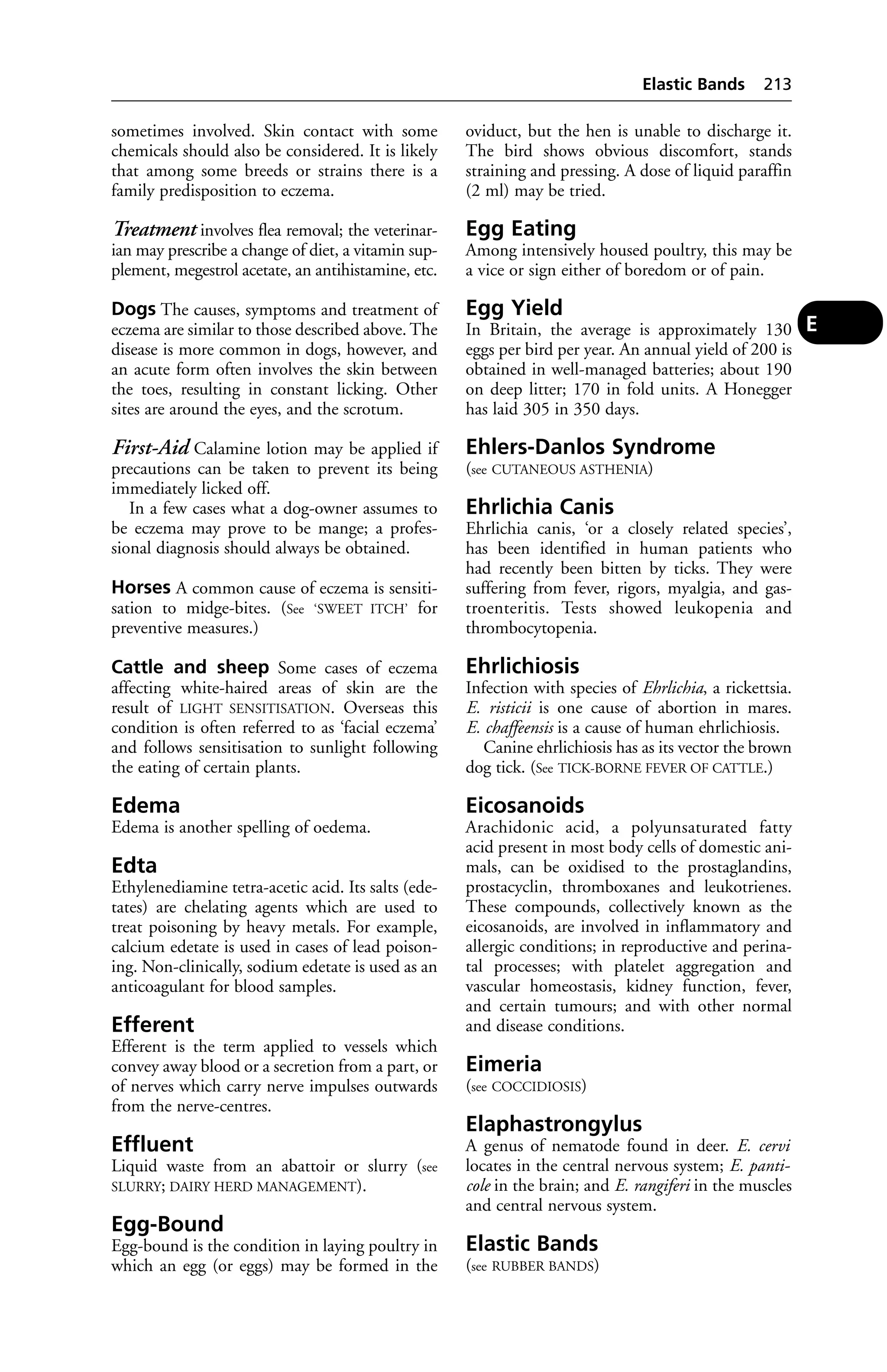 sometimes involved. Skin contact with some 
chemicals should also be considered. It is likely 
that among some breeds or strains there is a 
family predisposition to eczema. 
Treatment involves flea removal; the veterinar-ian 
may prescribe a change of diet, a vitamin sup-plement, 
megestrol acetate, an antihistamine, etc. 
Dogs The causes, symptoms and treatment of 
eczema are similar to those described above. The 
disease is more common in dogs, however, and 
an acute form often involves the skin between 
the toes, resulting in constant licking. Other 
sites are around the eyes, and the scrotum. 
First-Aid Calamine lotion may be applied if 
precautions can be taken to prevent its being 
immediately licked off. 
In a few cases what a dog-owner assumes to 
be eczema may prove to be mange; a profes-sional 
diagnosis should always be obtained. 
Horses A common cause of eczema is sensiti-sation 
to midge-bites. (See ‘SWEET ITCH’ for 
preventive measures.) 
Cattle and sheep Some cases of eczema 
affecting white-haired areas of skin are the 
result of LIGHT SENSITISATION. Overseas this 
condition is often referred to as ‘facial eczema’ 
and follows sensitisation to sunlight following 
the eating of certain plants. 
Edema 
Edema is another spelling of oedema. 
Edta 
Ethylenediamine tetra-acetic acid. Its salts (ede-tates) 
are chelating agents which are used to 
treat poisoning by heavy metals. For example, 
calcium edetate is used in cases of lead poison-ing. 
Non-clinically, sodium edetate is used as an 
anticoagulant for blood samples. 
Efferent 
Efferent is the term applied to vessels which 
convey away blood or a secretion from a part, or 
of nerves which carry nerve impulses outwards 
from the nerve-centres. 
Effluent 
Liquid waste from an abattoir or slurry (see 
SLURRY; DAIRY HERD MANAGEMENT). 
Egg-Bound 
Egg-bound is the condition in laying poultry in 
which an egg (or eggs) may be formed in the 
Elastic Bands 213 
oviduct, but the hen is unable to discharge it. 
The bird shows obvious discomfort, stands 
straining and pressing. A dose of liquid paraffin 
(2 ml) may be tried. 
Egg Eating 
Among intensively housed poultry, this may be 
a vice or sign either of boredom or of pain. 
Egg Yield 
In Britain, the average is approximately 130 
eggs per bird per year. An annual yield of 200 is 
obtained in well-managed batteries; about 190 
on deep litter; 170 in fold units. A Honegger 
has laid 305 in 350 days. 
Ehlers-Danlos Syndrome 
(see CUTANEOUS ASTHENIA) 
Ehrlichia Canis 
Ehrlichia canis, ‘or a closely related species’, 
has been identified in human patients who 
had recently been bitten by ticks. They were 
suffering from fever, rigors, myalgia, and gas-troenteritis. 
Tests showed leukopenia and 
thrombocytopenia. 
Ehrlichiosis 
Infection with species of Ehrlichia, a rickettsia. 
E. risticii is one cause of abortion in mares. 
E. chaffeensis is a cause of human ehrlichiosis. 
Canine ehrlichiosis has as its vector the brown 
dog tick. (See TICK-BORNE FEVER OF CATTLE.) 
Eicosanoids 
Arachidonic acid, a polyunsaturated fatty 
acid present in most body cells of domestic ani-mals, 
can be oxidised to the prostaglandins, 
prostacyclin, thromboxanes and leukotrienes. 
These compounds, collectively known as the 
eicosanoids, are involved in inflammatory and 
allergic conditions; in reproductive and perina-tal 
processes; with platelet aggregation and 
vascular homeostasis, kidney function, fever, 
and certain tumours; and with other normal 
and disease conditions. 
Eimeria 
(see COCCIDIOSIS) 
Elaphastrongylus 
A genus of nematode found in deer. E. cervi 
locates in the central nervous system; E. panti-cole 
in the brain; and E. rangiferi in the muscles 
and central nervous system. 
Elastic Bands 
(see RUBBER BANDS) 
E 
 