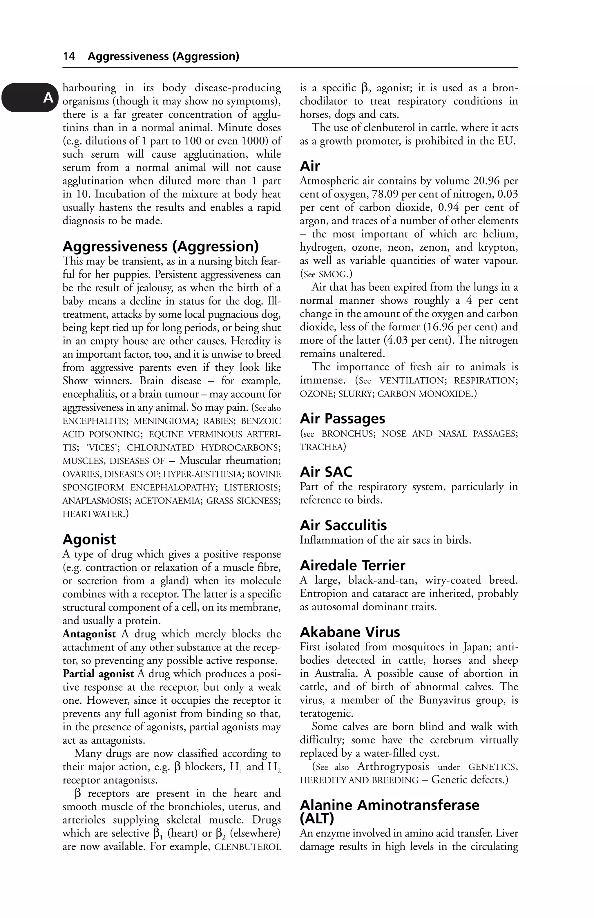 harbouring in its body disease-producing 
organisms (though it may show no symptoms), 
there is a far greater concentration of agglu-tinins 
than in a normal animal. Minute doses 
(e.g. dilutions of 1 part to 100 or even 1000) of 
such serum will cause agglutination, while 
serum from a normal animal will not cause 
agglutination when diluted more than 1 part 
in 10. Incubation of the mixture at body heat 
usually hastens the results and enables a rapid 
diagnosis to be made. 
Aggressiveness (Aggression) 
This may be transient, as in a nursing bitch fear-ful 
for her puppies. Persistent aggressiveness can 
be the result of jealousy, as when the birth of a 
baby means a decline in status for the dog. Ill-treatment, 
attacks by some local pugnacious dog, 
being kept tied up for long periods, or being shut 
in an empty house are other causes. Heredity is 
an important factor, too, and it is unwise to breed 
from aggressive parents even if they look like 
Show winners. Brain disease – for example, 
encephalitis, or a brain tumour – may account for 
aggressiveness in any animal. So may pain. (See also 
ENCEPHALITIS; MENINGIOMA; RABIES; BENZOIC 
ACID POISONING; EQUINE VERMINOUS ARTERI-TIS; 
‘VICES’; CHLORINATED HYDROCARBONS; 
MUSCLES, DISEASES OF – Muscular rheumation; 
OVARIES, DISEASES OF; HYPER-AESTHESIA; BOVINE 
SPONGIFORM ENCEPHALOPATHY; LISTERIOSIS; 
ANAPLASMOSIS; ACETONAEMIA; GRASS SICKNESS; 
HEARTWATER.) 
Agonist 
A type of drug which gives a positive response 
(e.g. contraction or relaxation of a muscle fibre, 
or secretion from a gland) when its molecule 
combines with a receptor. The latter is a specific 
structural component of a cell, on its membrane, 
and usually a protein. 
Antagonist A drug which merely blocks the 
attachment of any other substance at the recep-tor, 
so preventing any possible active response. 
Partial agonist A drug which produces a posi-tive 
response at the receptor, but only a weak 
one. However, since it occupies the receptor it 
prevents any full agonist from binding so that, 
in the presence of agonists, partial agonists may 
act as antagonists. 
Many drugs are now classified according to 
their major action, e.g. β blockers, H1 and H2 
receptor antagonists. 
β receptors are present in the heart and 
smooth muscle of the bronchioles, uterus, and 
arterioles supplying skeletal muscle. Drugs 
which are selective β1 (heart) or β2 (elsewhere) 
are now available. For example, CLENBUTEROL 
is a specific β2 agonist; it is used as a bron-chodilator 
to treat respiratory conditions in 
horses, dogs and cats. 
The use of clenbuterol in cattle, where it acts 
as a growth promoter, is prohibited in the EU. 
Air 
Atmospheric air contains by volume 20.96 per 
cent of oxygen, 78.09 per cent of nitrogen, 0.03 
per cent of carbon dioxide, 0.94 per cent of 
argon, and traces of a number of other elements 
– the most important of which are helium, 
hydrogen, ozone, neon, zenon, and krypton, 
as well as variable quantities of water vapour. 
(See SMOG.) 
Air that has been expired from the lungs in a 
normal manner shows roughly a 4 per cent 
change in the amount of the oxygen and carbon 
dioxide, less of the former (16.96 per cent) and 
more of the latter (4.03 per cent). The nitrogen 
remains unaltered. 
The importance of fresh air to animals is 
immense. (See VENTILATION; RESPIRATION; 
OZONE; SLURRY; CARBON MONOXIDE.) 
Air Passages 
(see BRONCHUS; NOSE AND NASAL PASSAGES; 
TRACHEA) 
Air SAC 
Part of the respiratory system, particularly in 
reference to birds. 
Air Sacculitis 
Inflammation of the air sacs in birds. 
Airedale Terrier 
A large, black-and-tan, wiry-coated breed. 
Entropion and cataract are inherited, probably 
as autosomal dominant traits. 
Akabane Virus 
First isolated from mosquitoes in Japan; anti-bodies 
detected in cattle, horses and sheep 
in Australia. A possible cause of abortion in 
cattle, and of birth of abnormal calves. The 
virus, a member of the Bunyavirus group, is 
teratogenic. 
Some calves are born blind and walk with 
difficulty; some have the cerebrum virtually 
replaced by a water-filled cyst. 
(See also Arthrogryposis under GENETICS, 
HEREDITY AND BREEDING – Genetic defects.) 
Alanine Aminotransferase 
(ALT) 
An enzyme involved in amino acid transfer. Liver 
damage results in high levels in the circulating 
14 Aggressiveness (Aggression) 
A 
 