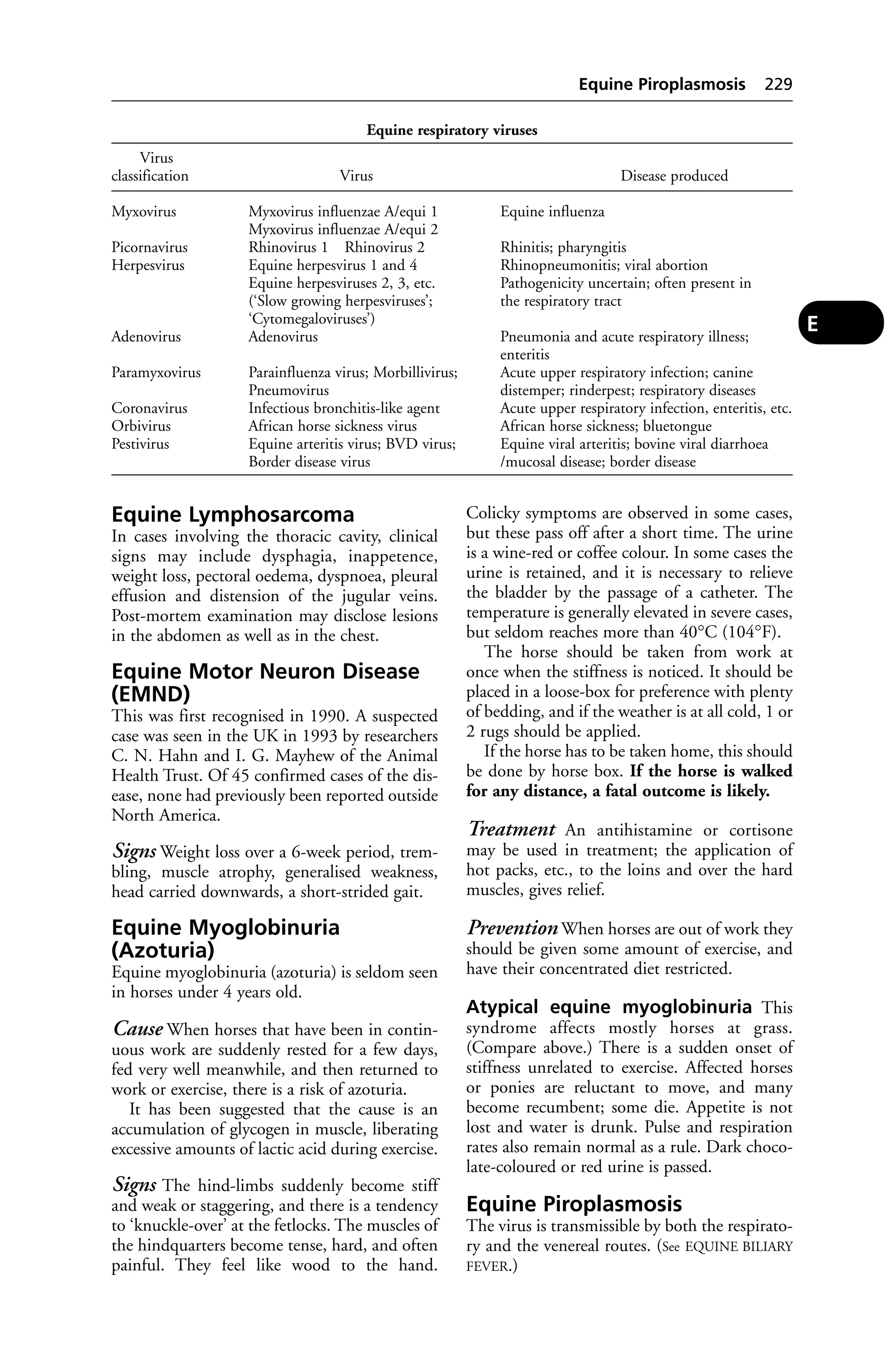 Equine respiratory viruses 
Equine Lymphosarcoma 
In cases involving the thoracic cavity, clinical 
signs may include dysphagia, inappetence, 
weight loss, pectoral oedema, dyspnoea, pleural 
effusion and distension of the jugular veins. 
Post-mortem examination may disclose lesions 
in the abdomen as well as in the chest. 
Equine Motor Neuron Disease 
(EMND) 
This was first recognised in 1990. A suspected 
case was seen in the UK in 1993 by researchers 
C. N. Hahn and I. G. Mayhew of the Animal 
Health Trust. Of 45 confirmed cases of the dis-ease, 
none had previously been reported outside 
North America. 
Signs Weight loss over a 6-week period, trem-bling, 
muscle atrophy, generalised weakness, 
head carried downwards, a short-strided gait. 
Equine Myoglobinuria 
(Azoturia) 
Equine myoglobinuria (azoturia) is seldom seen 
in horses under 4 years old. 
Cause When horses that have been in contin-uous 
work are suddenly rested for a few days, 
fed very well meanwhile, and then returned to 
work or exercise, there is a risk of azoturia. 
It has been suggested that the cause is an 
accumulation of glycogen in muscle, liberating 
excessive amounts of lactic acid during exercise. 
Signs The hind-limbs suddenly become stiff 
and weak or staggering, and there is a tendency 
to ‘knuckle-over’ at the fetlocks. The muscles of 
the hindquarters become tense, hard, and often 
painful. They feel like wood to the hand. 
Equine Piroplasmosis 229 
Colicky symptoms are observed in some cases, 
but these pass off after a short time. The urine 
is a wine-red or coffee colour. In some cases the 
urine is retained, and it is necessary to relieve 
the bladder by the passage of a catheter. The 
temperature is generally elevated in severe cases, 
but seldom reaches more than 40°C (104°F). 
The horse should be taken from work at 
once when the stiffness is noticed. It should be 
placed in a loose-box for preference with plenty 
of bedding, and if the weather is at all cold, 1 or 
2 rugs should be applied. 
If the horse has to be taken home, this should 
be done by horse box. If the horse is walked 
for any distance, a fatal outcome is likely. 
Treatment An antihistamine or cortisone 
may be used in treatment; the application of 
hot packs, etc., to the loins and over the hard 
muscles, gives relief. 
Prevention When horses are out of work they 
should be given some amount of exercise, and 
have their concentrated diet restricted. 
Atypical equine myoglobinuria This 
syndrome affects mostly horses at grass. 
(Compare above.) There is a sudden onset of 
stiffness unrelated to exercise. Affected horses 
or ponies are reluctant to move, and many 
become recumbent; some die. Appetite is not 
lost and water is drunk. Pulse and respiration 
rates also remain normal as a rule. Dark choco-late- 
coloured or red urine is passed. 
Equine Piroplasmosis 
The virus is transmissible by both the respirato-ry 
and the venereal routes. (See EQUINE BILIARY 
FEVER.) 
Virus 
classification Virus Disease produced 
Myxovirus Myxovirus influenzae A/equi 1 Equine influenza 
Myxovirus influenzae A/equi 2 
Picornavirus Rhinovirus 1 Rhinovirus 2 Rhinitis; pharyngitis 
Herpesvirus Equine herpesvirus 1 and 4 Rhinopneumonitis; viral abortion 
Equine herpesviruses 2, 3, etc. Pathogenicity uncertain; often present in 
(‘Slow growing herpesviruses’; the respiratory tract 
‘Cytomegaloviruses’) 
Adenovirus Adenovirus Pneumonia and acute respiratory illness; 
enteritis 
Paramyxovirus Parainfluenza virus; Morbillivirus; Acute upper respiratory infection; canine 
Pneumovirus distemper; rinderpest; respiratory diseases 
Coronavirus Infectious bronchitis-like agent Acute upper respiratory infection, enteritis, etc. 
Orbivirus African horse sickness virus African horse sickness; bluetongue 
Pestivirus Equine arteritis virus; BVD virus; Equine viral arteritis; bovine viral diarrhoea 
Border disease virus /mucosal disease; border disease 
E 
 