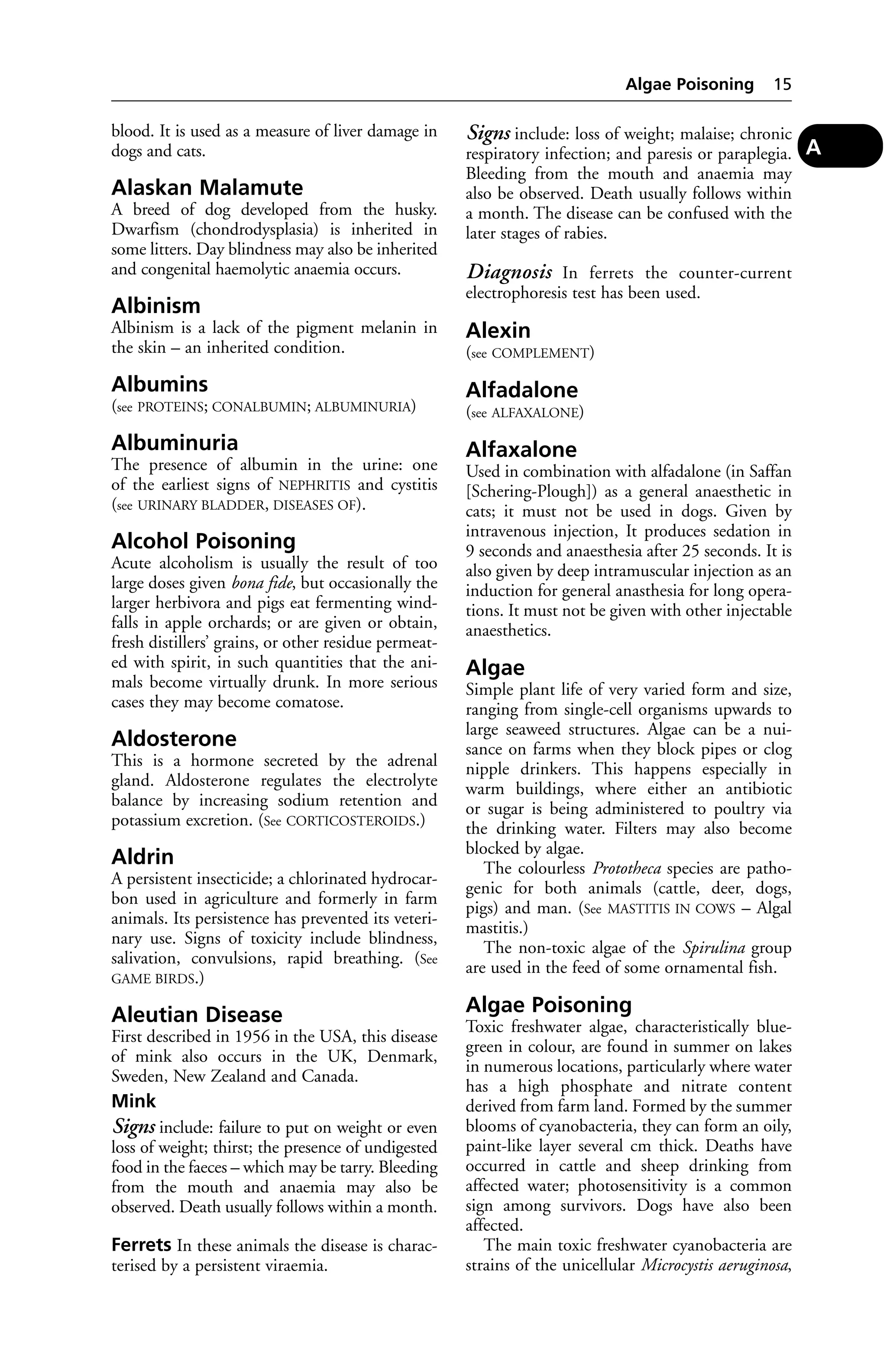 blood. It is used as a measure of liver damage in 
dogs and cats. 
Alaskan Malamute 
A breed of dog developed from the husky. 
Dwarfism (chondrodysplasia) is inherited in 
some litters. Day blindness may also be inherited 
and congenital haemolytic anaemia occurs. 
Albinism 
Albinism is a lack of the pigment melanin in 
the skin – an inherited condition. 
Albumins 
(see PROTEINS; CONALBUMIN; ALBUMINURIA) 
Albuminuria 
The presence of albumin in the urine: one 
of the earliest signs of NEPHRITIS and cystitis 
(see URINARY BLADDER, DISEASES OF). 
Alcohol Poisoning 
Acute alcoholism is usually the result of too 
large doses given bona fide, but occasionally the 
larger herbivora and pigs eat fermenting wind-falls 
in apple orchards; or are given or obtain, 
fresh distillers’ grains, or other residue permeat-ed 
with spirit, in such quantities that the ani-mals 
become virtually drunk. In more serious 
cases they may become comatose. 
Aldosterone 
This is a hormone secreted by the adrenal 
gland. Aldosterone regulates the electrolyte 
balance by increasing sodium retention and 
potassium excretion. (See CORTICOSTEROIDS.) 
Aldrin 
A persistent insecticide; a chlorinated hydrocar-bon 
used in agriculture and formerly in farm 
animals. Its persistence has prevented its veteri-nary 
use. Signs of toxicity include blindness, 
salivation, convulsions, rapid breathing. (See 
GAME BIRDS.) 
Aleutian Disease 
First described in 1956 in the USA, this disease 
of mink also occurs in the UK, Denmark, 
Sweden, New Zealand and Canada. 
Mink 
Signs include: failure to put on weight or even 
loss of weight; thirst; the presence of undigested 
food in the faeces – which may be tarry. Bleeding 
from the mouth and anaemia may also be 
observed. Death usually follows within a month. 
Ferrets In these animals the disease is charac-terised 
by a persistent viraemia. 
Algae Poisoning 15 
Signs include: loss of weight; malaise; chronic 
respiratory infection; and paresis or paraplegia. 
Bleeding from the mouth and anaemia may 
also be observed. Death usually follows within 
a month. The disease can be confused with the 
later stages of rabies. 
Diagnosis In ferrets the counter-current 
electrophoresis test has been used. 
Alexin 
(see COMPLEMENT) 
Alfadalone 
(see ALFAXALONE) 
Alfaxalone 
Used in combination with alfadalone (in Saffan 
[Schering-Plough]) as a general anaesthetic in 
cats; it must not be used in dogs. Given by 
intravenous injection, It produces sedation in 
9 seconds and anaesthesia after 25 seconds. It is 
also given by deep intramuscular injection as an 
induction for general anasthesia for long opera-tions. 
It must not be given with other injectable 
anaesthetics. 
Algae 
Simple plant life of very varied form and size, 
ranging from single-cell organisms upwards to 
large seaweed structures. Algae can be a nui-sance 
on farms when they block pipes or clog 
nipple drinkers. This happens especially in 
warm buildings, where either an antibiotic 
or sugar is being administered to poultry via 
the drinking water. Filters may also become 
blocked by algae. 
The colourless Prototheca species are patho-genic 
for both animals (cattle, deer, dogs, 
pigs) and man. (See MASTITIS IN COWS – Algal 
mastitis.) 
The non-toxic algae of the Spirulina group 
are used in the feed of some ornamental fish. 
Algae Poisoning 
Toxic freshwater algae, characteristically blue-green 
in colour, are found in summer on lakes 
in numerous locations, particularly where water 
has a high phosphate and nitrate content 
derived from farm land. Formed by the summer 
blooms of cyanobacteria, they can form an oily, 
paint-like layer several cm thick. Deaths have 
occurred in cattle and sheep drinking from 
affected water; photosensitivity is a common 
sign among survivors. Dogs have also been 
affected. 
The main toxic freshwater cyanobacteria are 
strains of the unicellular Microcystis aeruginosa, 
A 
 