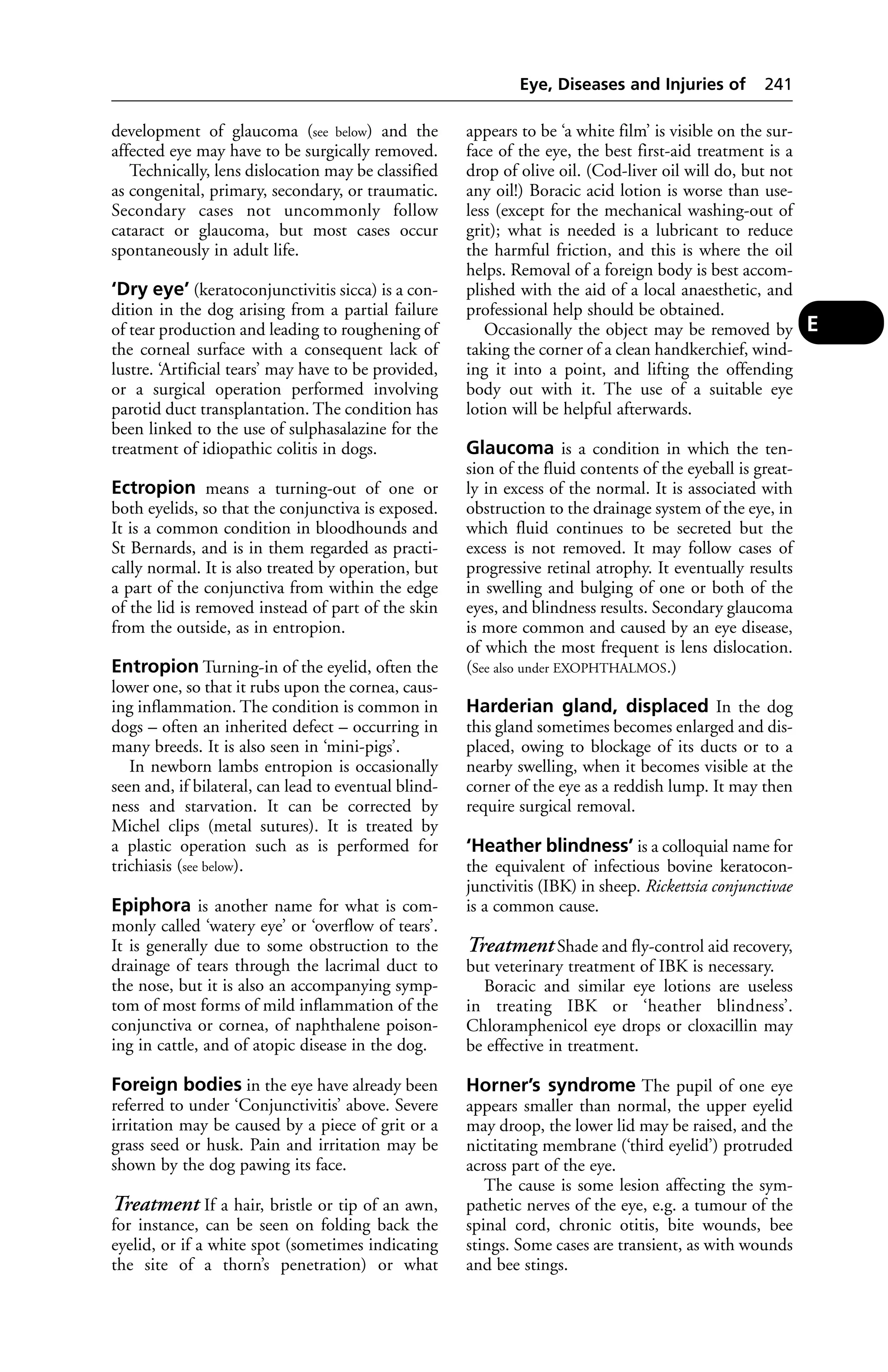 development of glaucoma (see below) and the 
affected eye may have to be surgically removed. 
Technically, lens dislocation may be classified 
as congenital, primary, secondary, or traumatic. 
Secondary cases not uncommonly follow 
cataract or glaucoma, but most cases occur 
spontaneously in adult life. 
‘Dry eye’ (keratoconjunctivitis sicca) is a con-dition 
in the dog arising from a partial failure 
of tear production and leading to roughening of 
the corneal surface with a consequent lack of 
lustre. ‘Artificial tears’ may have to be provided, 
or a surgical operation performed involving 
parotid duct transplantation. The condition has 
been linked to the use of sulphasalazine for the 
treatment of idiopathic colitis in dogs. 
Ectropion means a turning-out of one or 
both eyelids, so that the conjunctiva is exposed. 
It is a common condition in bloodhounds and 
St Bernards, and is in them regarded as practi-cally 
normal. It is also treated by operation, but 
a part of the conjunctiva from within the edge 
of the lid is removed instead of part of the skin 
from the outside, as in entropion. 
Entropion Turning-in of the eyelid, often the 
lower one, so that it rubs upon the cornea, caus-ing 
inflammation. The condition is common in 
dogs – often an inherited defect – occurring in 
many breeds. It is also seen in ‘mini-pigs’. 
In newborn lambs entropion is occasionally 
seen and, if bilateral, can lead to eventual blind-ness 
and starvation. It can be corrected by 
Michel clips (metal sutures). It is treated by 
a plastic operation such as is performed for 
trichiasis (see below). 
Epiphora is another name for what is com-monly 
called ‘watery eye’ or ‘overflow of tears’. 
It is generally due to some obstruction to the 
drainage of tears through the lacrimal duct to 
the nose, but it is also an accompanying symp-tom 
of most forms of mild inflammation of the 
conjunctiva or cornea, of naphthalene poison-ing 
in cattle, and of atopic disease in the dog. 
Foreign bodies in the eye have already been 
referred to under ‘Conjunctivitis’ above. Severe 
irritation may be caused by a piece of grit or a 
grass seed or husk. Pain and irritation may be 
shown by the dog pawing its face. 
Treatment If a hair, bristle or tip of an awn, 
for instance, can be seen on folding back the 
eyelid, or if a white spot (sometimes indicating 
the site of a thorn’s penetration) or what 
Eye, Diseases and Injuries of 241 
appears to be ‘a white film’ is visible on the sur-face 
of the eye, the best first-aid treatment is a 
drop of olive oil. (Cod-liver oil will do, but not 
any oil!) Boracic acid lotion is worse than use-less 
(except for the mechanical washing-out of 
grit); what is needed is a lubricant to reduce 
the harmful friction, and this is where the oil 
helps. Removal of a foreign body is best accom-plished 
with the aid of a local anaesthetic, and 
professional help should be obtained. 
Occasionally the object may be removed by 
taking the corner of a clean handkerchief, wind-ing 
it into a point, and lifting the offending 
body out with it. The use of a suitable eye 
lotion will be helpful afterwards. 
Glaucoma is a condition in which the ten-sion 
of the fluid contents of the eyeball is great-ly 
in excess of the normal. It is associated with 
obstruction to the drainage system of the eye, in 
which fluid continues to be secreted but the 
excess is not removed. It may follow cases of 
progressive retinal atrophy. It eventually results 
in swelling and bulging of one or both of the 
eyes, and blindness results. Secondary glaucoma 
is more common and caused by an eye disease, 
of which the most frequent is lens dislocation. 
(See also under EXOPHTHALMOS.) 
Harderian gland, displaced In the dog 
this gland sometimes becomes enlarged and dis-placed, 
owing to blockage of its ducts or to a 
nearby swelling, when it becomes visible at the 
corner of the eye as a reddish lump. It may then 
require surgical removal. 
‘Heather blindness’ is a colloquial name for 
the equivalent of infectious bovine keratocon-junctivitis 
(IBK) in sheep. Rickettsia conjunctivae 
is a common cause. 
Treatment Shade and fly-control aid recovery, 
but veterinary treatment of IBK is necessary. 
Boracic and similar eye lotions are useless 
in treating IBK or ‘heather blindness’. 
Chloramphenicol eye drops or cloxacillin may 
be effective in treatment. 
Horner’s syndrome The pupil of one eye 
appears smaller than normal, the upper eyelid 
may droop, the lower lid may be raised, and the 
nictitating membrane (‘third eyelid’) protruded 
across part of the eye. 
The cause is some lesion affecting the sym-pathetic 
nerves of the eye, e.g. a tumour of the 
spinal cord, chronic otitis, bite wounds, bee 
stings. Some cases are transient, as with wounds 
and bee stings. 
E 
 