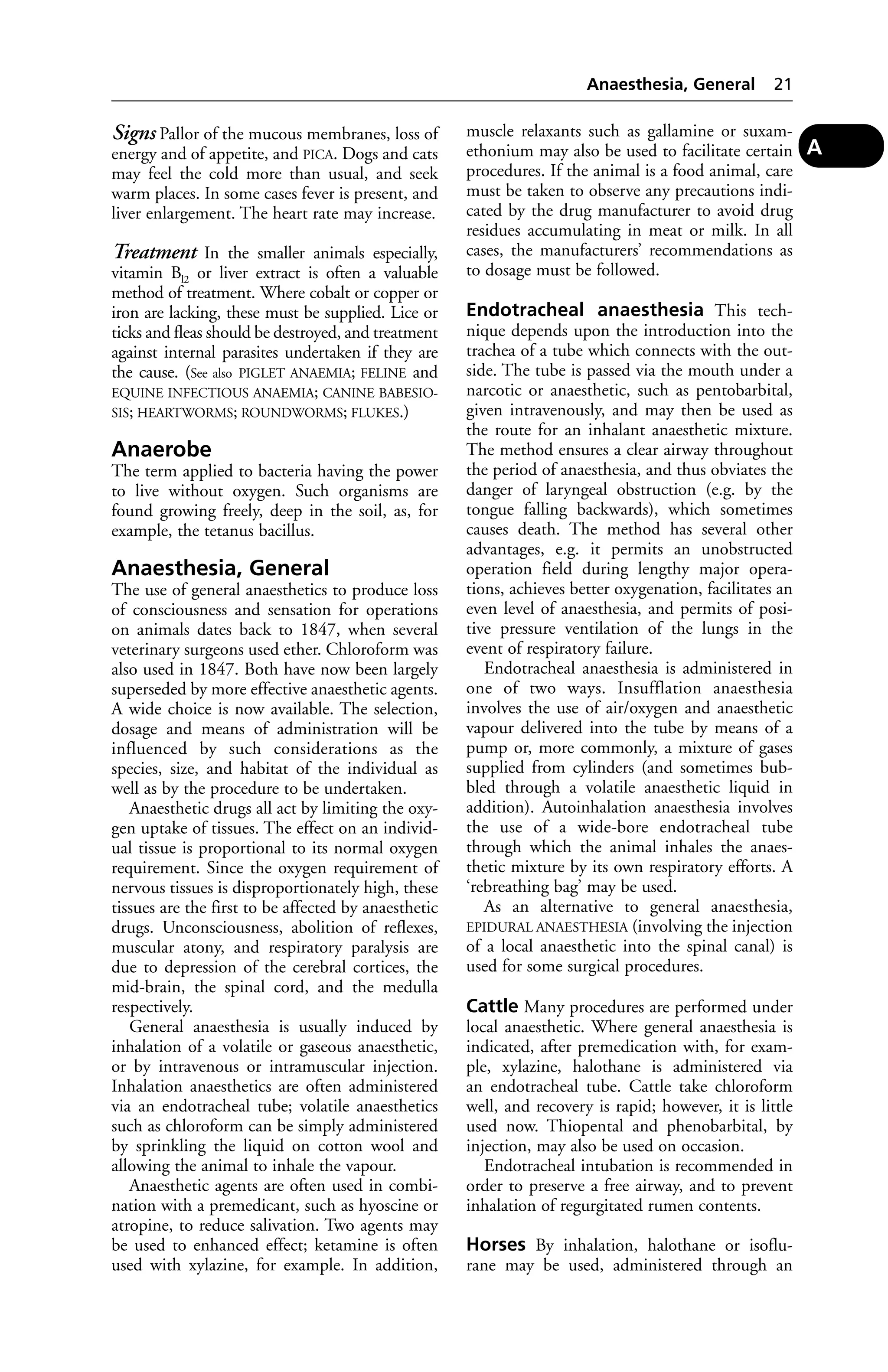 Signs Pallor of the mucous membranes, loss of 
energy and of appetite, and PICA. Dogs and cats 
may feel the cold more than usual, and seek 
warm places. In some cases fever is present, and 
liver enlargement. The heart rate may increase. 
Treatment In the smaller animals especially, 
vitamin Bl2 or liver extract is often a valuable 
method of treatment. Where cobalt or copper or 
iron are lacking, these must be supplied. Lice or 
ticks and fleas should be destroyed, and treatment 
against internal parasites undertaken if they are 
the cause. (See also PIGLET ANAEMIA; FELINE and 
EQUINE INFECTIOUS ANAEMIA; CANINE BABESIO-SIS; 
HEARTWORMS; ROUNDWORMS; FLUKES.) 
Anaerobe 
The term applied to bacteria having the power 
to live without oxygen. Such organisms are 
found growing freely, deep in the soil, as, for 
example, the tetanus bacillus. 
Anaesthesia, General 
The use of general anaesthetics to produce loss 
of consciousness and sensation for operations 
on animals dates back to 1847, when several 
veterinary surgeons used ether. Chloroform was 
also used in 1847. Both have now been largely 
superseded by more effective anaesthetic agents. 
A wide choice is now available. The selection, 
dosage and means of administration will be 
influenced by such considerations as the 
species, size, and habitat of the individual as 
well as by the procedure to be undertaken. 
Anaesthetic drugs all act by limiting the oxy-gen 
uptake of tissues. The effect on an individ-ual 
tissue is proportional to its normal oxygen 
requirement. Since the oxygen requirement of 
nervous tissues is disproportionately high, these 
tissues are the first to be affected by anaesthetic 
drugs. Unconsciousness, abolition of reflexes, 
muscular atony, and respiratory paralysis are 
due to depression of the cerebral cortices, the 
mid-brain, the spinal cord, and the medulla 
respectively. 
General anaesthesia is usually induced by 
inhalation of a volatile or gaseous anaesthetic, 
or by intravenous or intramuscular injection. 
Inhalation anaesthetics are often administered 
via an endotracheal tube; volatile anaesthetics 
such as chloroform can be simply administered 
by sprinkling the liquid on cotton wool and 
allowing the animal to inhale the vapour. 
Anaesthetic agents are often used in combi-nation 
with a premedicant, such as hyoscine or 
atropine, to reduce salivation. Two agents may 
be used to enhanced effect; ketamine is often 
used with xylazine, for example. In addition, 
Anaesthesia, General 21 
muscle relaxants such as gallamine or suxam-ethonium 
may also be used to facilitate certain 
procedures. If the animal is a food animal, care 
must be taken to observe any precautions indi-cated 
by the drug manufacturer to avoid drug 
residues accumulating in meat or milk. In all 
cases, the manufacturers’ recommendations as 
to dosage must be followed. 
Endotracheal anaesthesia This tech-nique 
depends upon the introduction into the 
trachea of a tube which connects with the out-side. 
The tube is passed via the mouth under a 
narcotic or anaesthetic, such as pentobarbital, 
given intravenously, and may then be used as 
the route for an inhalant anaesthetic mixture. 
The method ensures a clear airway throughout 
the period of anaesthesia, and thus obviates the 
danger of laryngeal obstruction (e.g. by the 
tongue falling backwards), which sometimes 
causes death. The method has several other 
advantages, e.g. it permits an unobstructed 
operation field during lengthy major opera-tions, 
achieves better oxygenation, facilitates an 
even level of anaesthesia, and permits of posi-tive 
pressure ventilation of the lungs in the 
event of respiratory failure. 
Endotracheal anaesthesia is administered in 
one of two ways. Insufflation anaesthesia 
involves the use of air/oxygen and anaesthetic 
vapour delivered into the tube by means of a 
pump or, more commonly, a mixture of gases 
supplied from cylinders (and sometimes bub-bled 
through a volatile anaesthetic liquid in 
addition). Autoinhalation anaesthesia involves 
the use of a wide-bore endotracheal tube 
through which the animal inhales the anaes-thetic 
mixture by its own respiratory efforts. A 
‘rebreathing bag’ may be used. 
As an alternative to general anaesthesia, 
EPIDURAL ANAESTHESIA (involving the injection 
of a local anaesthetic into the spinal canal) is 
used for some surgical procedures. 
Cattle Many procedures are performed under 
local anaesthetic. Where general anaesthesia is 
indicated, after premedication with, for exam-ple, 
xylazine, halothane is administered via 
an endotracheal tube. Cattle take chloroform 
well, and recovery is rapid; however, it is little 
used now. Thiopental and phenobarbital, by 
injection, may also be used on occasion. 
Endotracheal intubation is recommended in 
order to preserve a free airway, and to prevent 
inhalation of regurgitated rumen contents. 
Horses By inhalation, halothane or isoflu-rane 
may be used, administered through an 
A 
 