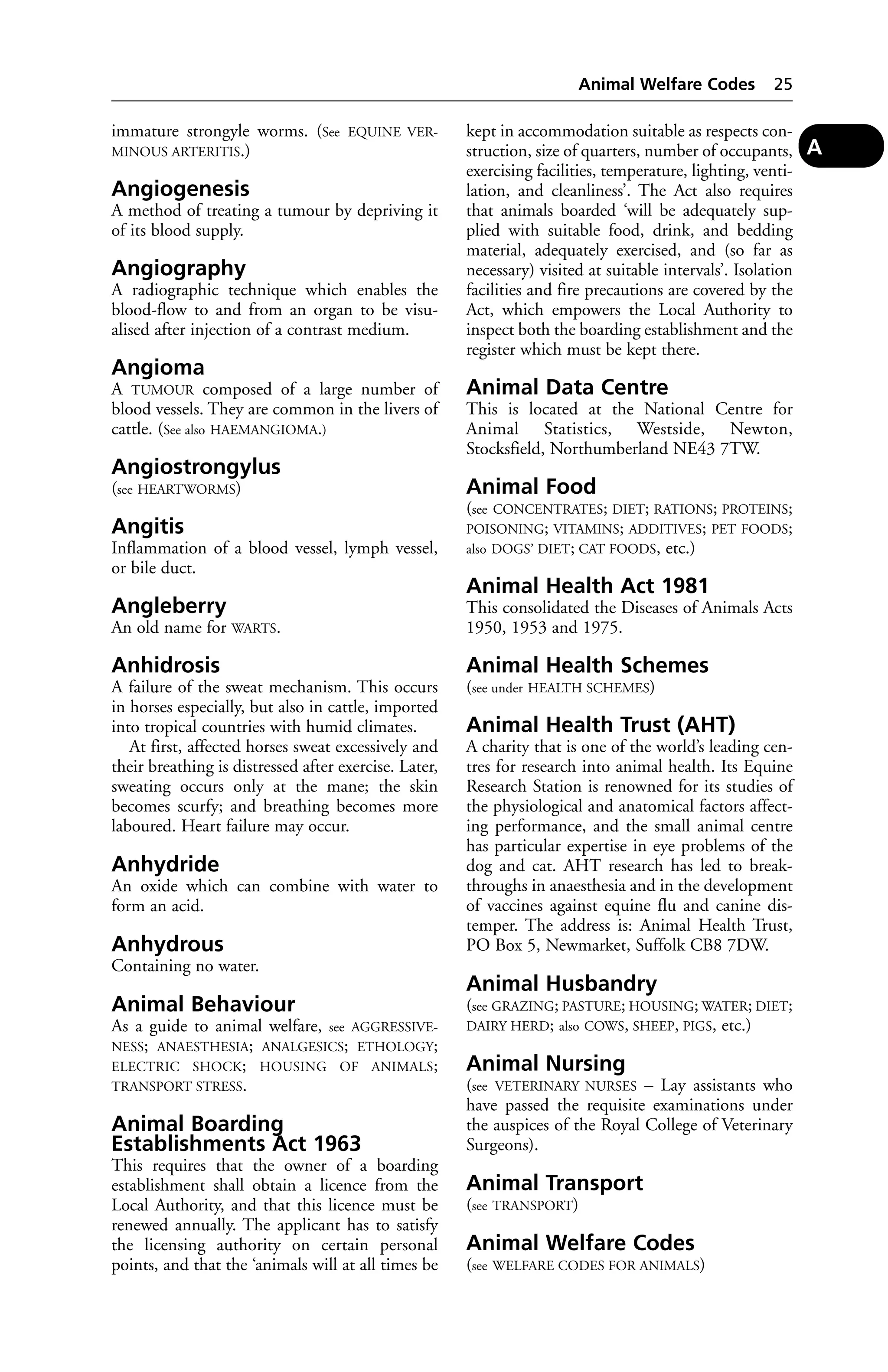 immature strongyle worms. (See EQUINE VER-MINOUS 
ARTERITIS.) 
Angiogenesis 
A method of treating a tumour by depriving it 
of its blood supply. 
Angiography 
A radiographic technique which enables the 
blood-flow to and from an organ to be visu-alised 
after injection of a contrast medium. 
Angioma 
A TUMOUR composed of a large number of 
blood vessels. They are common in the livers of 
cattle. (See also HAEMANGIOMA.) 
Angiostrongylus 
(see HEARTWORMS) 
Angitis 
Inflammation of a blood vessel, lymph vessel, 
or bile duct. 
Angleberry 
An old name for WARTS. 
Anhidrosis 
A failure of the sweat mechanism. This occurs 
in horses especially, but also in cattle, imported 
into tropical countries with humid climates. 
At first, affected horses sweat excessively and 
their breathing is distressed after exercise. Later, 
sweating occurs only at the mane; the skin 
becomes scurfy; and breathing becomes more 
laboured. Heart failure may occur. 
Anhydride 
An oxide which can combine with water to 
form an acid. 
Anhydrous 
Containing no water. 
Animal Behaviour 
As a guide to animal welfare, see AGGRESSIVE-NESS; 
ANAESTHESIA; ANALGESICS; ETHOLOGY; 
ELECTRIC SHOCK; HOUSING OF ANIMALS; 
TRANSPORT STRESS. 
Animal Boarding 
Establishments Act 1963 
This requires that the owner of a boarding 
establishment shall obtain a licence from the 
Local Authority, and that this licence must be 
renewed annually. The applicant has to satisfy 
the licensing authority on certain personal 
points, and that the ‘animals will at all times be 
Animal Welfare Codes 25 
kept in accommodation suitable as respects con-struction, 
size of quarters, number of occupants, 
exercising facilities, temperature, lighting, venti-lation, 
and cleanliness’. The Act also requires 
that animals boarded ‘will be adequately sup-plied 
with suitable food, drink, and bedding 
material, adequately exercised, and (so far as 
necessary) visited at suitable intervals’. Isolation 
facilities and fire precautions are covered by the 
Act, which empowers the Local Authority to 
inspect both the boarding establishment and the 
register which must be kept there. 
Animal Data Centre 
This is located at the National Centre for 
Animal Statistics, Westside, Newton, 
Stocksfield, Northumberland NE43 7TW. 
Animal Food 
(see CONCENTRATES; DIET; RATIONS; PROTEINS; 
POISONING; VITAMINS; ADDITIVES; PET FOODS; 
also DOGS’ DIET; CAT FOODS, etc.) 
Animal Health Act 1981 
This consolidated the Diseases of Animals Acts 
1950, 1953 and 1975. 
Animal Health Schemes 
(see under HEALTH SCHEMES) 
Animal Health Trust (AHT) 
A charity that is one of the world’s leading cen-tres 
for research into animal health. Its Equine 
Research Station is renowned for its studies of 
the physiological and anatomical factors affect-ing 
performance, and the small animal centre 
has particular expertise in eye problems of the 
dog and cat. AHT research has led to break-throughs 
in anaesthesia and in the development 
of vaccines against equine flu and canine dis-temper. 
The address is: Animal Health Trust, 
PO Box 5, Newmarket, Suffolk CB8 7DW. 
Animal Husbandry 
(see GRAZING; PASTURE; HOUSING;WATER; DIET; 
DAIRY HERD; also COWS, SHEEP, PIGS, etc.) 
Animal Nursing 
(see VETERINARY NURSES – Lay assistants who 
have passed the requisite examinations under 
the auspices of the Royal College of Veterinary 
Surgeons). 
Animal Transport 
(see TRANSPORT) 
Animal Welfare Codes 
(see WELFARE CODES FOR ANIMALS) 
A 
 