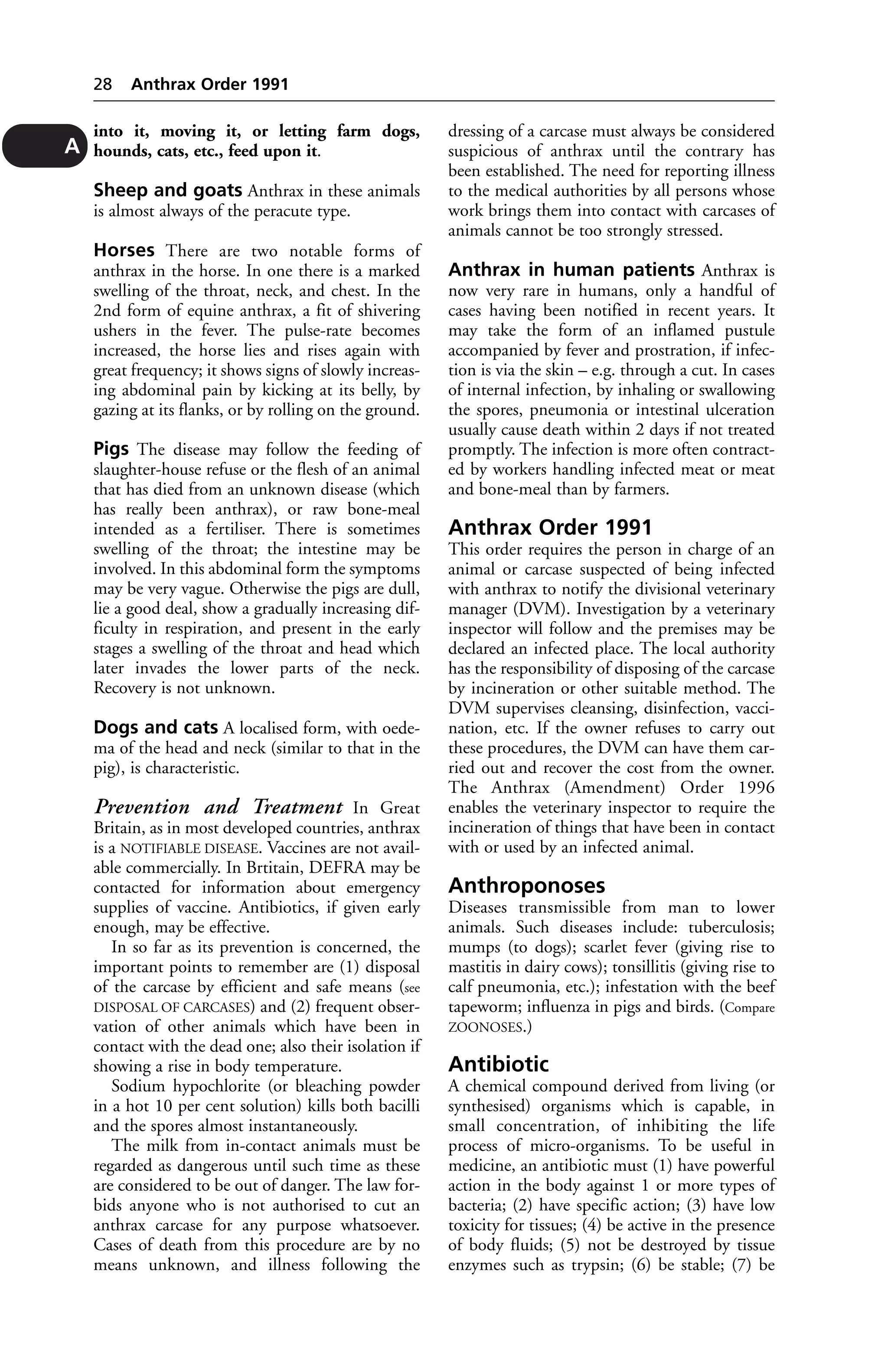 into it, moving it, or letting farm dogs, 
hounds, cats, etc., feed upon it. 
Sheep and goats Anthrax in these animals 
is almost always of the peracute type. 
Horses There are two notable forms of 
anthrax in the horse. In one there is a marked 
swelling of the throat, neck, and chest. In the 
2nd form of equine anthrax, a fit of shivering 
ushers in the fever. The pulse-rate becomes 
increased, the horse lies and rises again with 
great frequency; it shows signs of slowly increas-ing 
abdominal pain by kicking at its belly, by 
gazing at its flanks, or by rolling on the ground. 
Pigs The disease may follow the feeding of 
slaughter-house refuse or the flesh of an animal 
that has died from an unknown disease (which 
has really been anthrax), or raw bone-meal 
intended as a fertiliser. There is sometimes 
swelling of the throat; the intestine may be 
involved. In this abdominal form the symptoms 
may be very vague. Otherwise the pigs are dull, 
lie a good deal, show a gradually increasing dif-ficulty 
in respiration, and present in the early 
stages a swelling of the throat and head which 
later invades the lower parts of the neck. 
Recovery is not unknown. 
Dogs and cats A localised form, with oede-ma 
of the head and neck (similar to that in the 
pig), is characteristic. 
Prevention and Treatment In Great 
Britain, as in most developed countries, anthrax 
is a NOTIFIABLE DISEASE. Vaccines are not avail-able 
commercially. In Brtitain, DEFRA may be 
contacted for information about emergency 
supplies of vaccine. Antibiotics, if given early 
enough, may be effective. 
In so far as its prevention is concerned, the 
important points to remember are (1) disposal 
of the carcase by efficient and safe means (see 
DISPOSAL OF CARCASES) and (2) frequent obser-vation 
of other animals which have been in 
contact with the dead one; also their isolation if 
showing a rise in body temperature. 
Sodium hypochlorite (or bleaching powder 
in a hot 10 per cent solution) kills both bacilli 
and the spores almost instantaneously. 
The milk from in-contact animals must be 
regarded as dangerous until such time as these 
are considered to be out of danger. The law for-bids 
anyone who is not authorised to cut an 
anthrax carcase for any purpose whatsoever. 
Cases of death from this procedure are by no 
means unknown, and illness following the 
dressing of a carcase must always be considered 
suspicious of anthrax until the contrary has 
been established. The need for reporting illness 
to the medical authorities by all persons whose 
work brings them into contact with carcases of 
animals cannot be too strongly stressed. 
Anthrax in human patients Anthrax is 
now very rare in humans, only a handful of 
cases having been notified in recent years. It 
may take the form of an inflamed pustule 
accompanied by fever and prostration, if infec-tion 
is via the skin – e.g. through a cut. In cases 
of internal infection, by inhaling or swallowing 
the spores, pneumonia or intestinal ulceration 
usually cause death within 2 days if not treated 
promptly. The infection is more often contract-ed 
by workers handling infected meat or meat 
and bone-meal than by farmers. 
Anthrax Order 1991 
This order requires the person in charge of an 
animal or carcase suspected of being infected 
with anthrax to notify the divisional veterinary 
manager (DVM). Investigation by a veterinary 
inspector will follow and the premises may be 
declared an infected place. The local authority 
has the responsibility of disposing of the carcase 
by incineration or other suitable method. The 
DVM supervises cleansing, disinfection, vacci-nation, 
etc. If the owner refuses to carry out 
these procedures, the DVM can have them car-ried 
out and recover the cost from the owner. 
The Anthrax (Amendment) Order 1996 
enables the veterinary inspector to require the 
incineration of things that have been in contact 
with or used by an infected animal. 
Anthroponoses 
Diseases transmissible from man to lower 
animals. Such diseases include: tuberculosis; 
mumps (to dogs); scarlet fever (giving rise to 
mastitis in dairy cows); tonsillitis (giving rise to 
calf pneumonia, etc.); infestation with the beef 
tapeworm; influenza in pigs and birds. (Compare 
ZOONOSES.) 
Antibiotic 
A chemical compound derived from living (or 
synthesised) organisms which is capable, in 
small concentration, of inhibiting the life 
process of micro-organisms. To be useful in 
medicine, an antibiotic must (1) have powerful 
action in the body against 1 or more types of 
bacteria; (2) have specific action; (3) have low 
toxicity for tissues; (4) be active in the presence 
of body fluids; (5) not be destroyed by tissue 
enzymes such as trypsin; (6) be stable; (7) be 
28 Anthrax Order 1991 
A 
 