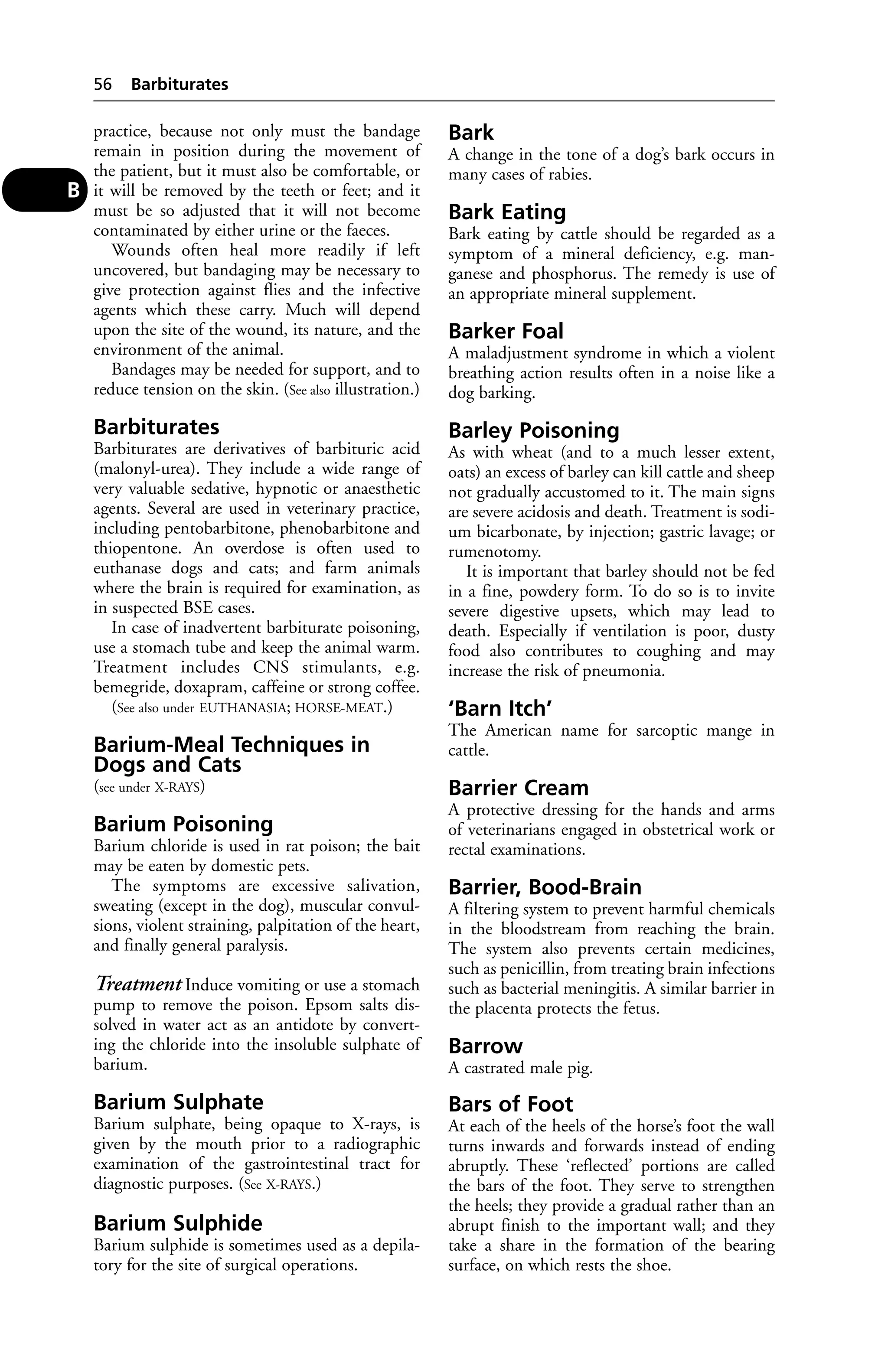 practice, because not only must the bandage 
remain in position during the movement of 
the patient, but it must also be comfortable, or 
it will be removed by the teeth or feet; and it 
must be so adjusted that it will not become 
contaminated by either urine or the faeces. 
Wounds often heal more readily if left 
uncovered, but bandaging may be necessary to 
give protection against flies and the infective 
agents which these carry. Much will depend 
upon the site of the wound, its nature, and the 
environment of the animal. 
Bandages may be needed for support, and to 
reduce tension on the skin. (See also illustration.) 
Barbiturates 
Barbiturates are derivatives of barbituric acid 
(malonyl-urea). They include a wide range of 
very valuable sedative, hypnotic or anaesthetic 
agents. Several are used in veterinary practice, 
including pentobarbitone, phenobarbitone and 
thiopentone. An overdose is often used to 
euthanase dogs and cats; and farm animals 
where the brain is required for examination, as 
in suspected BSE cases. 
In case of inadvertent barbiturate poisoning, 
use a stomach tube and keep the animal warm. 
Treatment includes CNS stimulants, e.g. 
bemegride, doxapram, caffeine or strong coffee. 
(See also under EUTHANASIA; HORSE-MEAT.) 
Barium-Meal Techniques in 
Dogs and Cats 
(see under X-RAYS) 
Barium Poisoning 
Barium chloride is used in rat poison; the bait 
may be eaten by domestic pets. 
The symptoms are excessive salivation, 
sweating (except in the dog), muscular convul-sions, 
violent straining, palpitation of the heart, 
and finally general paralysis. 
Treatment Induce vomiting or use a stomach 
pump to remove the poison. Epsom salts dis-solved 
in water act as an antidote by convert-ing 
the chloride into the insoluble sulphate of 
barium. 
Barium Sulphate 
Barium sulphate, being opaque to X-rays, is 
given by the mouth prior to a radiographic 
examination of the gastrointestinal tract for 
diagnostic purposes. (See X-RAYS.) 
Barium Sulphide 
Barium sulphide is sometimes used as a depila-tory 
for the site of surgical operations. 
Bark 
A change in the tone of a dog’s bark occurs in 
many cases of rabies. 
Bark Eating 
Bark eating by cattle should be regarded as a 
symptom of a mineral deficiency, e.g. man-ganese 
and phosphorus. The remedy is use of 
an appropriate mineral supplement. 
Barker Foal 
A maladjustment syndrome in which a violent 
breathing action results often in a noise like a 
dog barking. 
Barley Poisoning 
As with wheat (and to a much lesser extent, 
oats) an excess of barley can kill cattle and sheep 
not gradually accustomed to it. The main signs 
are severe acidosis and death. Treatment is sodi-um 
bicarbonate, by injection; gastric lavage; or 
rumenotomy. 
It is important that barley should not be fed 
in a fine, powdery form. To do so is to invite 
severe digestive upsets, which may lead to 
death. Especially if ventilation is poor, dusty 
food also contributes to coughing and may 
increase the risk of pneumonia. 
‘Barn Itch’ 
The American name for sarcoptic mange in 
cattle. 
Barrier Cream 
A protective dressing for the hands and arms 
of veterinarians engaged in obstetrical work or 
rectal examinations. 
Barrier, Bood-Brain 
A filtering system to prevent harmful chemicals 
in the bloodstream from reaching the brain. 
The system also prevents certain medicines, 
such as penicillin, from treating brain infections 
such as bacterial meningitis. A similar barrier in 
the placenta protects the fetus. 
Barrow 
A castrated male pig. 
Bars of Foot 
At each of the heels of the horse’s foot the wall 
turns inwards and forwards instead of ending 
abruptly. These ‘reflected’ portions are called 
the bars of the foot. They serve to strengthen 
the heels; they provide a gradual rather than an 
abrupt finish to the important wall; and they 
take a share in the formation of the bearing 
surface, on which rests the shoe. 
56 Barbiturates 
B 
 