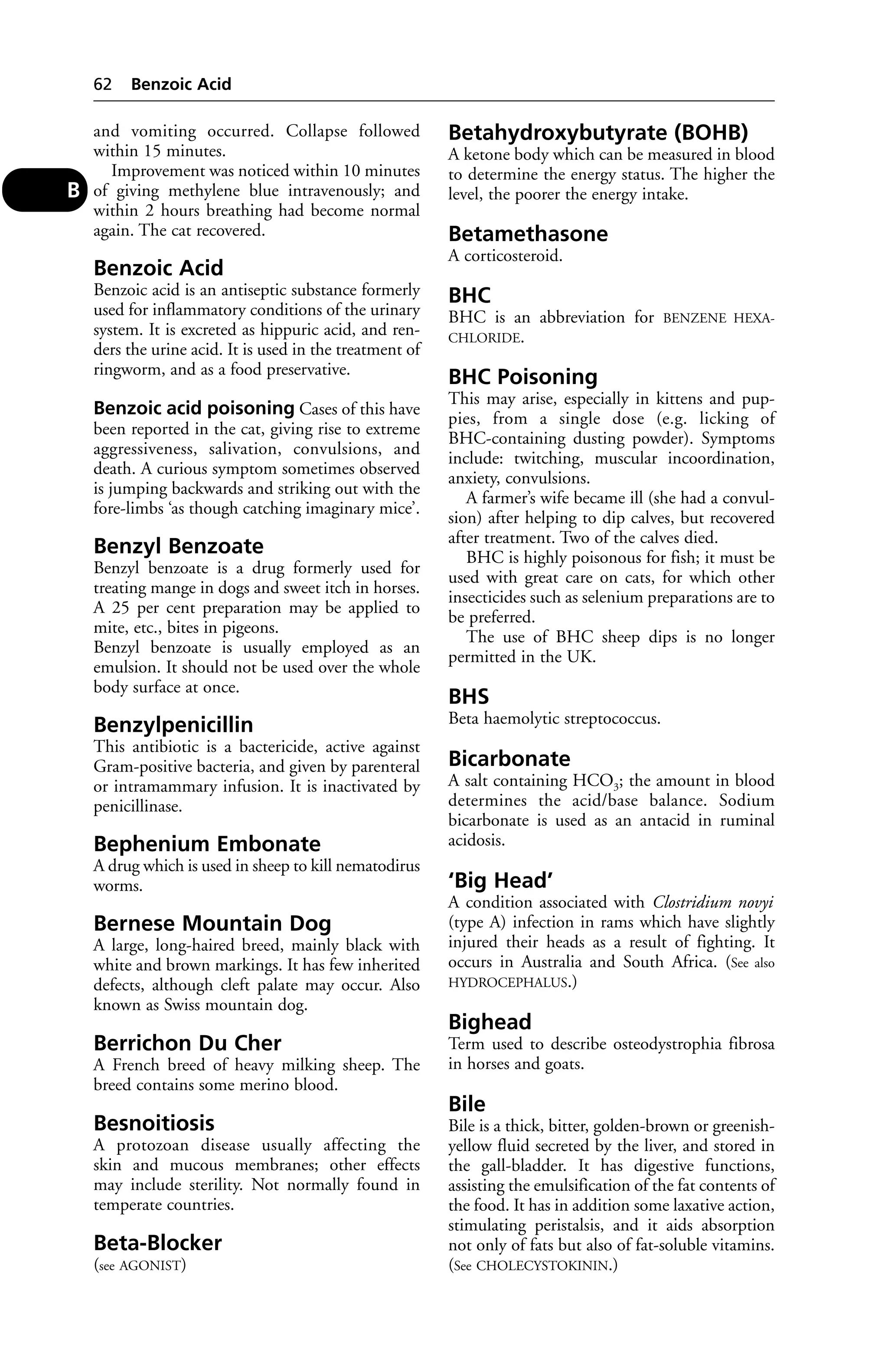 and vomiting occurred. Collapse followed 
within 15 minutes. 
Improvement was noticed within 10 minutes 
of giving methylene blue intravenously; and 
within 2 hours breathing had become normal 
again. The cat recovered. 
Benzoic Acid 
Benzoic acid is an antiseptic substance formerly 
used for inflammatory conditions of the urinary 
system. It is excreted as hippuric acid, and ren-ders 
the urine acid. It is used in the treatment of 
ringworm, and as a food preservative. 
Benzoic acid poisoning Cases of this have 
been reported in the cat, giving rise to extreme 
aggressiveness, salivation, convulsions, and 
death. A curious symptom sometimes observed 
is jumping backwards and striking out with the 
fore-limbs ‘as though catching imaginary mice’. 
Benzyl Benzoate 
Benzyl benzoate is a drug formerly used for 
treating mange in dogs and sweet itch in horses. 
A 25 per cent preparation may be applied to 
mite, etc., bites in pigeons. 
Benzyl benzoate is usually employed as an 
emulsion. It should not be used over the whole 
body surface at once. 
Benzylpenicillin 
This antibiotic is a bactericide, active against 
Gram-positive bacteria, and given by parenteral 
or intramammary infusion. It is inactivated by 
penicillinase. 
Bephenium Embonate 
A drug which is used in sheep to kill nematodirus 
worms. 
Bernese Mountain Dog 
A large, long-haired breed, mainly black with 
white and brown markings. It has few inherited 
defects, although cleft palate may occur. Also 
known as Swiss mountain dog. 
Berrichon Du Cher 
A French breed of heavy milking sheep. The 
breed contains some merino blood. 
Besnoitiosis 
A protozoan disease usually affecting the 
skin and mucous membranes; other effects 
may include sterility. Not normally found in 
temperate countries. 
Beta-Blocker 
(see AGONIST) 
Betahydroxybutyrate (BOHB) 
A ketone body which can be measured in blood 
to determine the energy status. The higher the 
level, the poorer the energy intake. 
Betamethasone 
A corticosteroid. 
BHC 
BHC is an abbreviation for BENZENE HEXA-CHLORIDE. 
BHC Poisoning 
This may arise, especially in kittens and pup-pies, 
from a single dose (e.g. licking of 
BHC-containing dusting powder). Symptoms 
include: twitching, muscular incoordination, 
anxiety, convulsions. 
A farmer’s wife became ill (she had a convul-sion) 
after helping to dip calves, but recovered 
after treatment. Two of the calves died. 
BHC is highly poisonous for fish; it must be 
used with great care on cats, for which other 
insecticides such as selenium preparations are to 
be preferred. 
The use of BHC sheep dips is no longer 
permitted in the UK. 
BHS 
Beta haemolytic streptococcus. 
Bicarbonate 
A salt containing HCO3; the amount in blood 
determines the acid/base balance. Sodium 
bicarbonate is used as an antacid in ruminal 
acidosis. 
‘Big Head’ 
A condition associated with Clostridium novyi 
(type A) infection in rams which have slightly 
injured their heads as a result of fighting. It 
occurs in Australia and South Africa. (See also 
HYDROCEPHALUS.) 
Bighead 
Term used to describe osteodystrophia fibrosa 
in horses and goats. 
Bile 
Bile is a thick, bitter, golden-brown or greenish-yellow 
fluid secreted by the liver, and stored in 
the gall-bladder. It has digestive functions, 
assisting the emulsification of the fat contents of 
the food. It has in addition some laxative action, 
stimulating peristalsis, and it aids absorption 
not only of fats but also of fat-soluble vitamins. 
(See CHOLECYSTOKININ.) 
62 Benzoic Acid 
B 
 