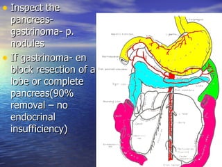 • Inspect the
  pancreas-
  gastrinoma- p.
  nodules
• If gastrinoma- en
  block resection of a
  lobe or complete
  pancreas(90%
  removal – no
  endocrinal
  insufficiency)
 