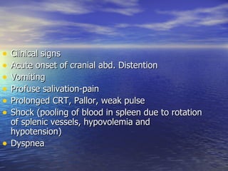 •   Clinical signs
•   Acute onset of cranial abd. Distention
•   Vomiting
•   Profuse salivation-pain
•   Prolonged CRT, Pallor, weak pulse
•   Shock (pooling of blood in spleen due to rotation
    of splenic vessels, hypovolemia and
    hypotension)
•   Dyspnea
 