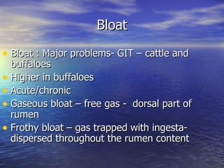 Bloat

• Bloat : Major problems- GIT – cattle and
  buffaloes
• Higher in buffaloes
• Acute/chronic
• Gaseous bloat – free gas - dorsal part of
  rumen
• Frothy bloat – gas trapped with ingesta-
  dispersed throughout the rumen content
 