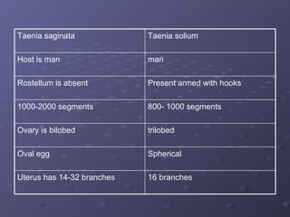 16 branches Uterus has 14-32 branches Spherical  Oval egg trilobed Ovary is bilobed 800- 1000 segments 1000-2000 segments Present armed with hooks Rostellum is absent  man Host is man Taenia solium Taenia saginata 