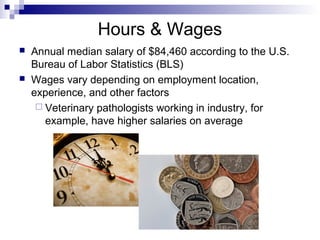Hours & Wages
 Annual median salary of $84,460 according to the U.S.
Bureau of Labor Statistics (BLS)
 Wages vary depending on employment location,
experience, and other factors
 Veterinary pathologists working in industry, for
example, have higher salaries on average
 