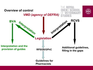 Overview of control
VMD (agency of DEFRA)
Legislation
RCVS
Additional guidelines,
filling in the gaps
Interpretation
BVA
Interpretation and the
provision of guides
Interpretation
Guidelines for
Pharmacists
RPSGB/GPhC
 