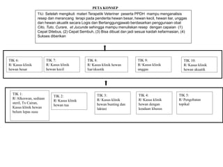 TIU: Setelah mengikuti materi Terapetik Veteriner peserta PPDH mampu menganalisis
resep dan merancang terapi pada penderita hewan besar, hewan kecil, hewan liar, unggas
dan hewan akuatik secara Logis dan Bertanggungjawab berdasarkan penggunaan obat
Cito, Tuto, Curare, et Jucunde sehingga mampu menuliskan resep dengan capaian (1)
Cepat Ditebus, (2) Cepat Sembuh, (3) Bisa dibuat dan jadi sesuai kaidah kefarmasian, (4)
Sukses diberikan
TIK 6:
R/ Kasus klinik
hewan besar
TIK 7:
R/ Kasus klinik
hewan kecil
TIK 8:
R/ Kasus klinik hewan
liar/eksotik
TIK 9:
R/ Kasus klinik
unggas
TIK 10:
R/ Kasus klinik
hewan akuatik
TIK 1:
R/ Alkeswan, sediaan
steril, Tx Cairan,
Kasus klinik hewan
belum lepas susu
TIK 2:
R/ Kasus klinik
hewan tua
TIK 3:
R/ Kasus klinik
hewan bunting dan
laktasi
TIK 4:
R/ Kasus klinik
hewan dengan
keadaan khusus
TIK 5:
R/ Pengobatan
topikal
PETA KONSEP
 