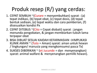 Produk resep (R/) yang cerdas:
1. CEPAT SEMBUH ~(Curare = menyembuhkan) syarat : (a)
tepat indikasi, (b) tepat obat, (c) tepat dosis, (d) tepat
bentuk sediaan, (e) tepat waktu dan cara pemberian, (f)
disesuaikan kondisi Px
2. CEPAT DITEBUS ~(Cito = Cepat diobati) syarat : jangan
menunda pengobatan, & jangan membiarkan tubuh lama
terpapar obat
3. BISA DIBUAT SESUAI KAIDAH KEFARMASIAN →IMPLIKASI
KLINIK AMAN ~ (Tuto = Aman) syarat: aman untuk hewan
/ lingkungan/ manusia yang mengkomsumsi pasca Tx)
4. SUKSES DIBERIKAN ~ (et Jucunde = dan menyenangkan)
syarat: animal walfare & menyenangkan pemilik hewan).
MANADO 14 /1/2017
 
