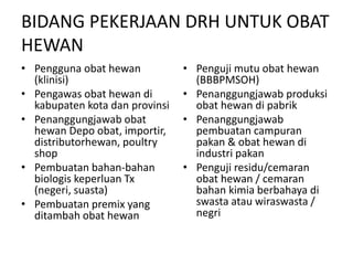 BIDANG PEKERJAAN DRH UNTUK OBAT
HEWAN
• Pengguna obat hewan
(klinisi)
• Pengawas obat hewan di
kabupaten kota dan provinsi
• Penanggungjawab obat
hewan Depo obat, importir,
distributorhewan, poultry
shop
• Pembuatan bahan-bahan
biologis keperluan Tx
(negeri, suasta)
• Pembuatan premix yang
ditambah obat hewan
• Penguji mutu obat hewan
(BBBPMSOH)
• Penanggungjawab produksi
obat hewan di pabrik
• Penanggungjawab
pembuatan campuran
pakan & obat hewan di
industri pakan
• Penguji residu/cemaran
obat hewan / cemaran
bahan kimia berbahaya di
swasta atau wiraswasta /
negri
 