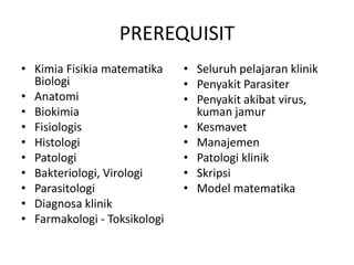 PREREQUISIT
• Kimia Fisikia matematika
Biologi
• Anatomi
• Biokimia
• Fisiologis
• Histologi
• Patologi
• Bakteriologi, Virologi
• Parasitologi
• Diagnosa klinik
• Farmakologi - Toksikologi
• Seluruh pelajaran klinik
• Penyakit Parasiter
• Penyakit akibat virus,
kuman jamur
• Kesmavet
• Manajemen
• Patologi klinik
• Skripsi
• Model matematika
 