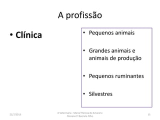 A faculdade : semestre 10
Estágio Curricular Supervisionado - USP
ESTÁGIO CURRICULAR OBRIGATÓRIO SUPERVISIONADO EM MEDICINA VETERINÁRIA
– FRS
METODOLOGIA APLICADA À CONCLUSÃO DE CURSO – FRS (11º semestre)
ESTÁGIO SUPERVISIONADO – VIÇ
Desenvolvido sob a forma de Estágio Curricular Obrigatório com Trabalho de
Conclusão - quinto ano inteiro – BotU
ESTÁGIO CURRICULAR EM INICIAÇÃO CIENTÍFICA E EXTENSÃO VETERINÁRIA
ESTÁGIO CURRICULAR EM PRÁTICA VETERINÁRIA - JabU
16/8/2013
A Veterinária - Maria Thereza do Amaral e
Floriano P. Barciela Filho
15
 