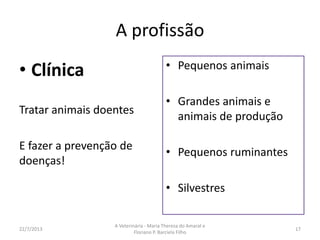 16/8/2013
A Veterinária - Maria Thereza do Amaral e
Floriano P. Barciela Filho
17
O que você pode fazer
Clínica e cirurgia de animais de pequeno porte //
Prestar atendimento clínico e cirúrgico a animais domésticos. //
Centros de pesquisa // Manejo e conservação de espécies
Atuar na investigação e pesquisa no desenvolvimento de biotecnologias. //
Indústria de produtos para animais //
Acompanhar a produção e a comercialização de alimentos, rações, vitaminas,
vacinas e medicamentos. //
Cuidar do marketing dos produtos e prestar assistência técnica ao cliente. //
Indústria de produtos de origem animal //
Fiscalizar estabelecimentos que produzam, vendam ou exportem produtos de
origem animal. //
 