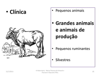 A profissão
• Clínica
• Saúde pública
• Manejo
16/8/2013
A Veterinária - Maria Thereza do Amaral e
Floriano P. Barciela Filho
20
 