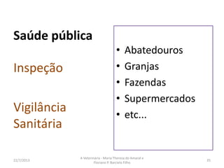 A profissão
• Clínica
• Saúde pública
• Manejo
16/8/2013
A Veterinária - Maria Thereza do Amaral e
Floriano P. Barciela Filho
35
 