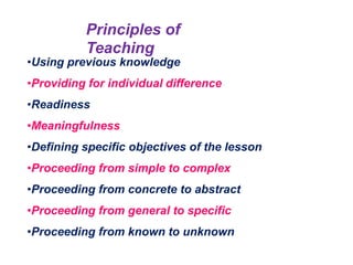 •Using previous knowledge
•Providing for individual difference
•Readiness
•Meaningfulness
•Defining specific objectives of the lesson
•Proceeding from simple to complex
•Proceeding from concrete to abstract
•Proceeding from general to specific
•Proceeding from known to unknown
Principles of
Teaching
 