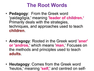 The Root Words
• Pedagogy: From the Greek word
'paidagōgía,' meaning 'leader of children.‘
Primarily deals with the strategies,
techniques, and approaches used to teach
children.
• Andragogy: Rooted in the Greek word 'aner'
or 'andros,' which means 'man,‘ Focuses on
the methods and principles used to teach
adults.
• Heutagogy: Comes from the Greek word
'heutos,' meaning 'self,' and centred on self-
 