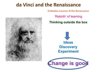 da Vinci and the Renaissance
Embodies essence of the Renaissance
‘Rebirth’ of learning
Thinking outside the box
Ideas
Discovery
Experiment
Change is good
 