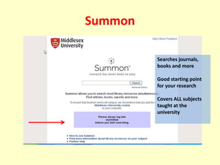 Summon
Searches journals,
books and more
Good starting point
for your research
Covers ALL subjects
taught at the
university
 