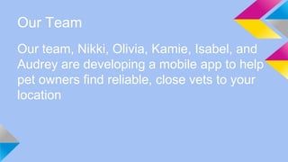 Our Team
Our team, Nikki, Olivia, Kamie, Isabel, and
Audrey are developing a mobile app to help
pet owners find reliable, close vets to your
location
 