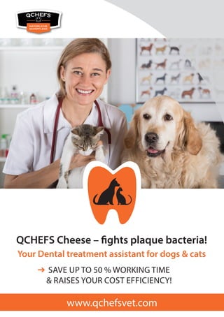 NATÜRLICHE
ZAHNPFLEGE
QCHEFS Cheese – fights plaque bacteria!
Your Dental treatment assistant for dogs & cats
SAVE UP TO 50 % WORKING TIME
& RAISES YOUR COST EFFICIENCY!
www.qchefsvet.com
 