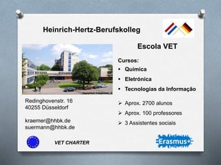 VET CHARTER
Escola VET
Cursos:
 Química
 Eletrónica
 Tecnologias da Informação
Heinrich-Hertz-Berufskolleg
Redinghovenstr. 16
40255 Düsseldorf
kraemer@hhbk.de
suermann@hhbk.de
 Aprox. 2700 alunos
 Aprox. 100 professores
 3 Assistentes sociais
 