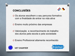 CONCLUSÕES
O Os alunos escolhem o seu percurso formativo
com a finalidade de entrar na vida ativa
O Ensino muito próximo das empresas
O Valorização e reconhecimento do trabalho
dos alunos pela escola e pela sociedade
O Ensino Profissional altamente reconhecido
VET CHARTER
 