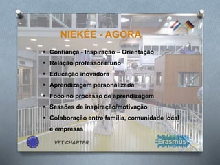 VET CHARTER
NIEKÉE - AGORA
 Confiança - Inspiração – Orientação
 Relação professor aluno
 Educação inovadora
 Aprendizagem personalizada
 Foco no processo de aprendizagem
 Sessões de inspiração/motivação
 Colaboração entre família, comunidade local
e empresas
 