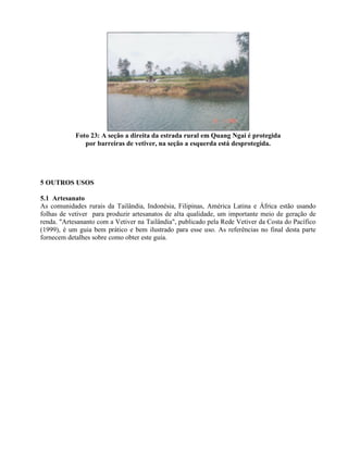 Foto 23: A seção a direita da estrada rural em Quang Ngai é protegida
por barreiras de vetiver, na seção a esquerda está desprotegida.
5 OUTROS USOS
5.1 Artesanato
As comunidades rurais da Tailândia, Indonésia, Filipinas, América Latina e África estão usando
folhas de vetiver para produzir artesanatos de alta qualidade, um importante meio de geração de
renda. "Artesananto com a Vetiver na Tailândia", publicado pela Rede Vetiver da Costa do Pacífico
(1999), é um guia bem prático e bem ilustrado para esse uso. As referências no final desta parte
fornecem detalhes sobre como obter este guia.
 