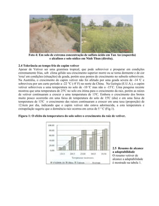 Foto 4: Em solo de extrema concentração de sulfato ácido em Tan An (esquerda)
e alcalinos e solo sódico em Ninh Thun (direita).
2.4 Tolerância ao tempo frio do capim vetiver
Apesar de Vetiver ser uma gramínea tropical, que pode sobreviver e prosperar em condições
extremamente frias, sob clima gélido seu crescimento superior morre ou se torna dormente e de cor
'roxa' em condições (situações) de geada, porém seus pontos de crescimento no subsolo sobrevivem.
Na Austrália, o crescimento do capim vetiver não foi afetado por uma geada severa de -14 'C e
sobreviveu por um curto período a -22 "C (-8' F) no norte da China. Na Geórgia (E.U.A.), o capim
vetiver sobreviveu a uma temperatura no solo de -10 'C mas não a -15’C. Uma pesquisa recente
mostrou que uma temperatura de 25'C no solo era ótima para o crescimento da raiz, porém as raízes
de vetiver continuaram a crescer a uma temperatura de 13'C. Embora o crescimento dos brotos
muito pouco ocorrerão em uma faixa de temperatura do solo de 15'C (dia) e em uma faixa de
temperatura de 13'C o crescimento das raízes continuaram a crescer em uma taxa (proporção) de
12.6cm por dia, indicando que o capim vetiver não estava adormecida, a esta temperatura e
extrapolação sugeriu que a dormência raiz ocorreu em cerca de 5 ° C (Fig.1).
Figura 1: O efeito da temperatura do solo sobre o crescimento da raiz de vetiver.
2.5 Resumo de alcance
a adaptabilidade
O resumo vetiver de
alcance a adaptabilidade
é mostrado na tabela 1.
 
