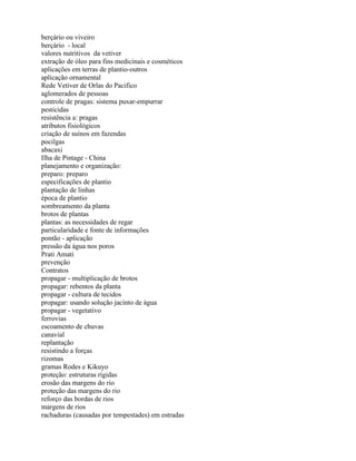 berçário ou viveiro
berçário - local
valores nutritivos da vetiver
extração de óleo para fins medicinais e cosméticos
aplicações em terras de plantio-outros
aplicação ornamental
Rede Vetiver de Orlas do Pacifico
aglomerados de pessoas
controle de pragas: sistema puxar-empurrar
pesticidas
resistência a: pragas
atributos fisiológicos
criação de suínos em fazendas
pocilgas
abacaxi
Ilha de Pintage - China
planejamento e organização:
preparo: preparo
especificações de plantio
plantação de linhas
época de plantio
sombreamento da planta
brotos de plantas
plantas: as necessidades de regar
particularidade e fonte de informações
pontão - aplicação
pressão da água nos poros
Prati Amati
prevenção
Contratos
propagar - multiplicação de brotos
propagar: rebentos da planta
propagar - cultura de tecidos
propagar: usando solução jacinto de água
propagar - vegetativo
ferrovias
escoamento de chuvas
canavial
replantação
resistindo a forças
rizomas
gramas Rodes e Kikuyo
proteção: estruturas rígidas
erosão das margens do rio
proteção das margens do rio
reforço das bordas de rios
margens de rios
rachaduras (causadas por tempestades) em estradas
 