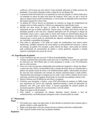 erodíveis e 4,0 m para um solo estável. Como proteção adicional, as linhas normais são
plantadas 1,0 m à parte (distantes) sobre o dique do rio em Quang Nga
• A primeira linha horizontal deve ser plantada na crista da margem e a última linha deve
ser plantada na marca da água mais baixa da margem. Nota: uma vez que o nível de
água em alguns locais muda sazonalmente, a vetiver pode ser plantada muito mais baixo
da margem quando for a hora certa.
• As plantas de Vetiver devem ser plantadas no contorno ao longo do comprimento da
margem entre as linhas superior e inferior ao espaçamento especificado acima.
• Devido aos altos níveis de água, as linhas do fundo podem estabelecer-se mais
lentamente do que as linhas superiores. Nesses casos, as linhas mais baixas devem ser
plantadas quando o solo está seco. Algumas aplicações anti SV protegem os diques de
salinidade; nesses casos, a água pode se tornar mais salina em determinadas épocas do
ano, o que pode afetar o crescimento da planta vetiver. Experiências em Quang Ngai
mostram que a vetiver pode ser substituída por algumas variedades locais tolerantes ao
sal, incluindo a samambaia de mangue.
• Para todas as aplicações, o SV pode ser usado em combinações com outros muros
tradicionais, medidas estruturais tal como pedras ou enrocamento de concreto, e muros
de retenção, de gabião. Por exemplo, a parte inferior do dique / aterro pode ser coberto
pela combinação de enrocamento de pedras e manta geotêxtil, enquanto a metade
superior é protegida com cercas de vetiver.
4.6 Especificações de plantio
• Cavar trincheiras que são cerca de 15-20cm de profundidade e largura.
• Coloque as plantas bem enraizadas (cada uma com 2-3 perfilhos, no centro de cada linha
de intervalos em 100-120mm para os solos propensos à erosão, e em 150 milímetros
para os solos normais.
• Uma vez o solo em encostas, tempestades provocadas por temporais e cheias nos dique /
e aterro que não é fértil, é recomendável que o estoque de tubos deva ser utilizado para o
plantio em grande escala de massa e de estabelecimento rápido. Adicionando um pouco
de uma boa terra misturada com estrume de animais (chorume-lama) é ainda melhor.
Naturalmente para proteger as margens de rios onde o solo é fértil o plantio da raiz nua é
suficiente, portanto uma regagem inicial pode ser exercida sem qualquer esforço extra.
• Raízes Cobertas com 20-40mm de solo firme e compacto.
• Fertilizar com nitrogênio e fósforo, como DAP (Di-fosfato de amônia) ou NPK (notar
que experiência de vetiver não responde significativamente a partir de aplicações de
potássio) com 100 g por metro linear. A mesma quantidade de calcário poderá ser
necessária quando o plantio for em solos ácidos e solo de sulfato.
• Regar com água no dia do plantio.
• Para reduzir o crescimento de plantas daninhas (mato) durante a fase de
estabelecimento, um herbicida pré-emergente como a atrazina pode ser usado.
4.7 Manutenção
Regar
• Em tempo seco, regar com água todos os dias durante as primeiras duas semanas após o
plantio e depois a cada segundo dia.
• Regar com água duas vezes por semana até que as plantas estão bem estabelecidas.
• Não é preciso molhar muito mais as plantas maduras.
Replantar
 