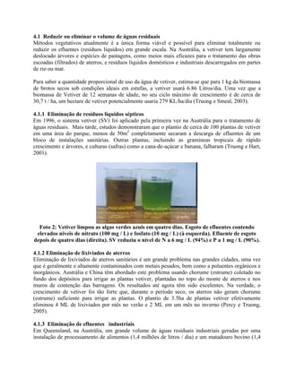 4.1 Reduzir ou eliminar o volume de águas residuais
Métodos vegetativos atualmente é a única forma viável e possível para eliminar totalmente ou
reduzir os efluentes (resíduos líquidos) em grande escala. Na Austrália, a vetiver tem largamente
deslocado árvores e espécies de pastagens, como meios mais eficazes para o tratamento das obras
escoadas (filtrados) de aterros, e resíduos líquidos domésticos e industriais descarregados em partes
de rio ou mar.
Para saber a quantidade proporcional de uso da água de vetiver, estima-se que para 1 kg da biomassa
de brotos secos sob condições ideais em estufas, a vetiver usará 6.86 Litros/dia. Uma vez que a
biomassa de Vetiver de 12 semanas de idade, no seu ciclo máximo de crescimento é de cerca de
30,7 t / ha, um hectare de vetiver potencialmente usaria 279 KL/ha/dia (Truong e Smeal, 2003).
4.1.1 Eliminação de resíduos líquidos sépticos
Em 1996, o sistema vetiver (SV) foi aplicado pela primeira vez na Austrália para o tratamento de
águas residuais. Mais tarde, estudos demonstraram que o plantio de cerca de 100 plantas de vetiver
em uma área do parque, menos de 50m2
completamente secaram a descarga de efluentes de um
bloco de instalações sanitárias. Outras plantas, incluindo as gramíneas tropicais de rápido
crescimento e árvores, e culturas (safras) como a cana-de-açúcar e banana, falharam (Truong e Hart,
2001).
Foto 2: Vetiver limpou as algas verdes azuis em quatro dias. Esgoto de efluentes contendo
elevados niveis de nitrato (100 mg / L) e fosfato (10 mg / L) (à esquerda). Efluente de esgoto
depois de quatro dias (direita). SV reduziu o nível de N a 6 mg / L (94%) e P a 1 mg / L (90%).
4.1.2 Eliminação de lixiviados de aterros
Eliminação de lixiviados de aterros sanitários é um grande problema nas grandes cidades, uma vez
que é geralmente e altamente contaminados com metais pesados, bem como a poluentes orgânicos e
inorgânicos. Austrália e China têm abordado este problema usando chorume (estrume) coletado no
fundo dos depósitos para irrigar as plantas vetiver, plantadas no topo do monte de aterros e nos
muros de contenção das barragens. Os resultados até agora têm sido excelentes. Na verdade, o
crescimento de vetiver foi tão forte que, durante o período seco, os aterros não geram chorume
(estrume) suficiente para irrigar as plantas. O plantio de 3.5ha de plantas vetiver efetivamente
eliminou 4 ML de lixiviados por mês no verão e 2 ML em um mês no inverno (Percy e Truong,
2005).
4.1.3 Eliminação de efluentes industriais
Em Queensland, na Austrália, um grande volume de águas residuais industriais geradas por uma
instalação de processamento de alimentos (1,4 milhões de litros / dia) e um matadouro bovino (1,4
 