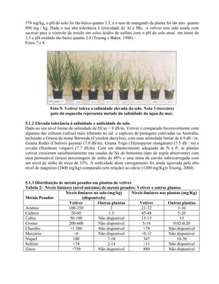 578 mg/kg, o pH do solo foi tão baixo quanto 3.3, e o teor de manganês da planta foi tão alto quanto
890 mg / kg. Dada a sua alta tolerância à toxicidade de Al e Mn, a vetiver tem sido usada com
sucesso para o controle da erosão em solos ácidos de sulfato com o pH do solo atual em torno de
3.5 e pH oxidado tão baixo quanto 2.8 (Truong e Baker, 1998) –
Fotos 7 e 8.
Foto 9: Vetiver tolera a salinidade elevada do solo. Nota 3 (terceiro)
pote da esquerda representa metade da salinidade da água do mar.
5.1.2 Elevada tolerância à salinidade e sodicidade do solo.
Dado ao seu nível limiar de salinidade de ECse = 8 dS/m, Vetiver é comparado favoravelmente com
algumas das culturas (safras) mais tolerante ao sal e espécies de pastagens cultivadas na Austrália,
incluindo a Grama de nome Bermuda (Cynodon dactylon), com uma salinidade limiar de 6.9 dS / m;
Grama Rodes (Choloris gayana) (7.0 dS/m); Grama Trigo (Thynopyron elongatum) (7.5 dS / m) e
cevada (Hordeum vulgare) (7.7 dS/m). Com um abastecimento adequado de N e P, as plantas
vetiver cresceram satisfatoriamente nas caudas de Na da bentonita (tipo de argila absorvente) com
uma permutável (troca) percentagem de sódio de 48% e uma mina de carvão sobrecarregada com
um nível de sódio de troca de 33%. A sodicidade deste carregamento foi ainda agravada pelo alto
nível de magnésio (2400 mg/kg) comparado (em relação) ao cálcio (1200 mg/Kg)) Truong, 2004).
5.1.3 Distribuição de metais pesados em plantas de vetiver
Tabela 2: Níveis limiares (nível máximo) de metais pesados: Vetiver e outras plantas
Níveis limiares no solo (mg/kg)
(disponíveis)
Níveis limiares nas plantas (mg/Kg)
Metais Pesados
Vetiver Outras plantas Vetiver Outras plantas
Arsênio 100-250 2 21-72 1-10
Cádmio 20-60 1.5 45-48 5-20
Cobre 50-100 Não disponível 13-15 15
Cromo 200-600 Não disponível 5-18 0.02-0.20
Chumbo >1 500 Não disponível >78 Não disponível
Mercúrio >6 Não disponível >0.12 Não disponível
Níquel 100 7-10 347 10-30
Selênio >74 2-14 >11 Não disponível
Zinco >750 Não disponível 880 Não disponível
 
